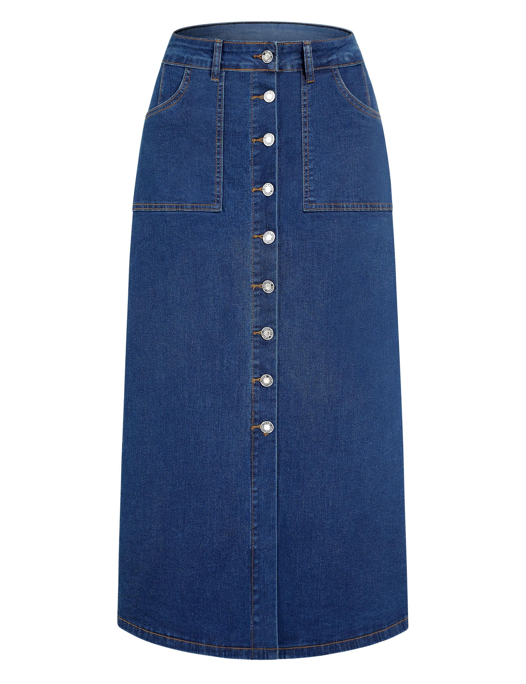 Denim Midi Skirt Women Long Jean High Waisted Skirts Slit Button Down Front Blue A Line Stretch with Pockets