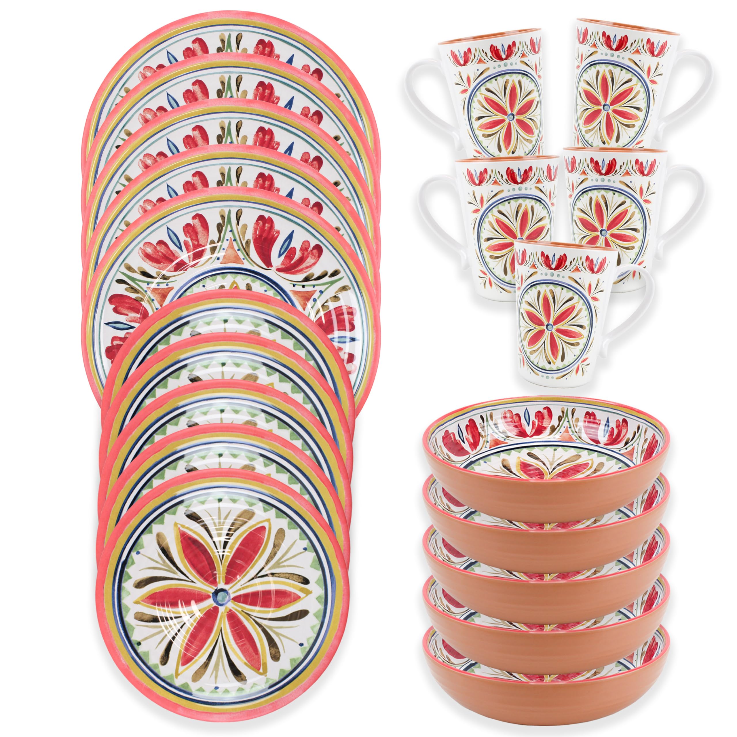 Patterned Outdoor Melamine Dinnerware Set with Mugs - Multicolour Camping/Picnic Plates Bowls Cups Set (20, Mediterranean)