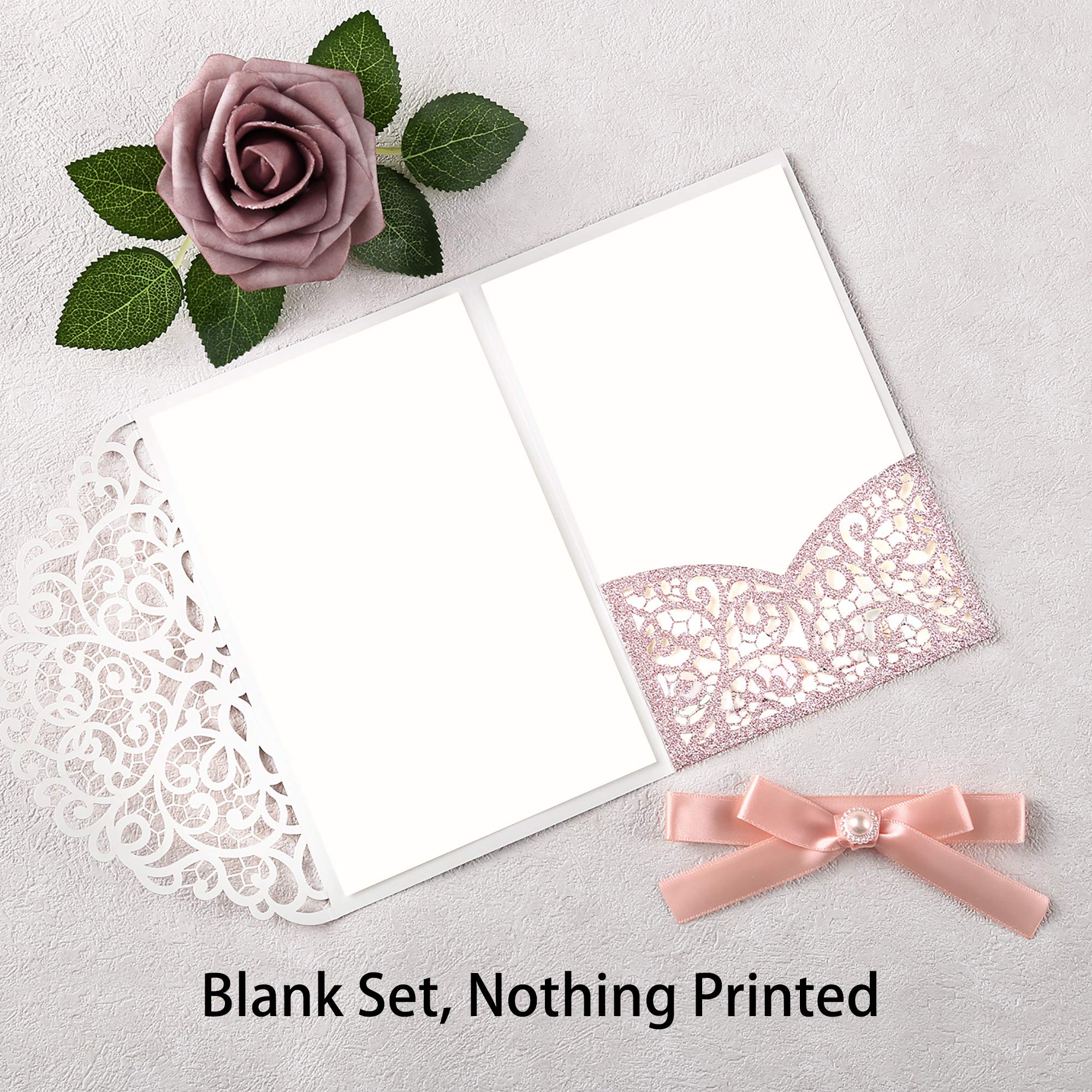 DORIS HOME 4.7 x7 inch 50PCS Blank Glitter Rose Gold Quinceanera Invitations Kit, Laser Cut Birthday Invitation Cards with Envelopes