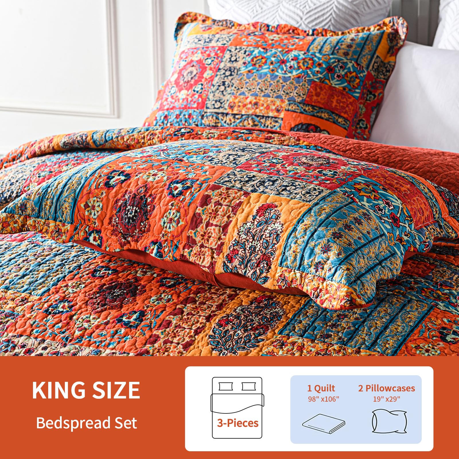 Qucover Tagesdecke 240x260cm Patchwork Baumwolle Bettüberwurf 250x270 aus Baumwolle Gesteppte Decke für Doppelbett mit Kissen in Landhausstil