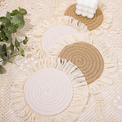Miniatura 3 de Whaline Paquete de 4 posavasos bohemios beige hechos a mano de ganchillo para bebidas, tapete bohemio tejido para vacaciones, hogar, cocina,