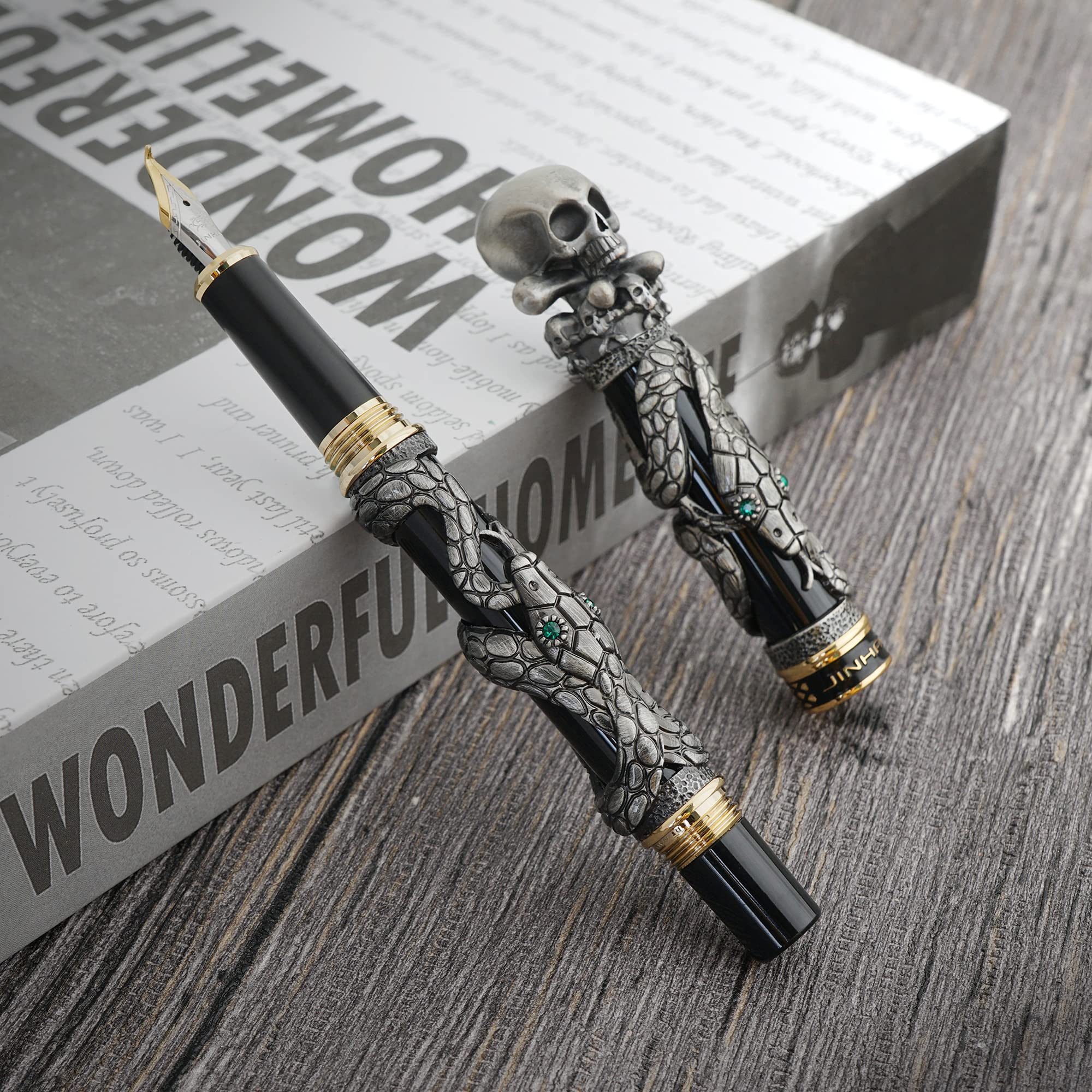 Jinhao Stylo Plume Serpent Noir Pointe Moyenne Style Rétro Avec Tête De Mort - Étui Papier
