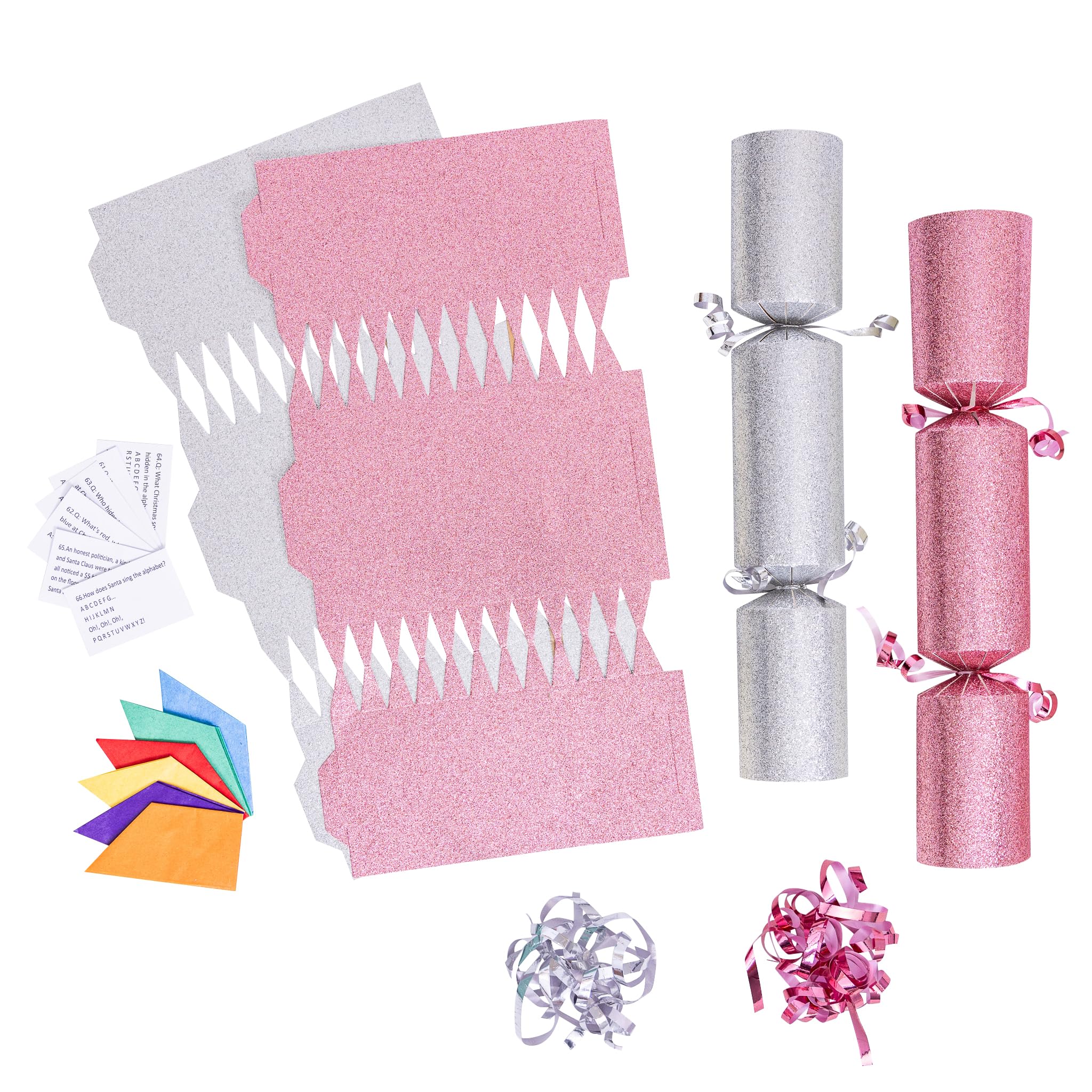 evelay 12 Make Your Own Christmas Cracker Kit DIY Pink & Silver Glitter Crackers Hats Snaps Jokes (Pink, Silver)