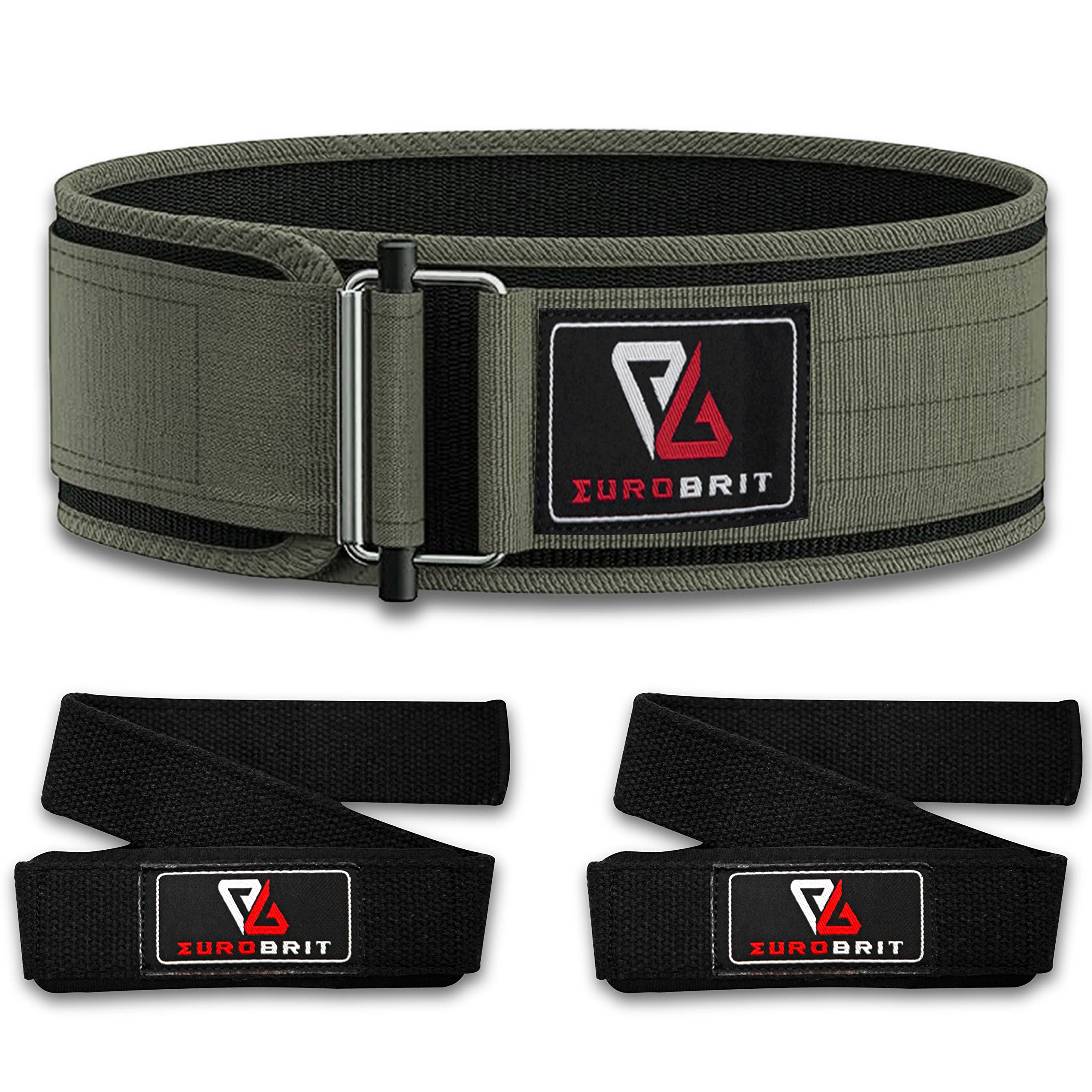 Eurobrit Weight Lifting Belt, Self-Locking Nylon Deadlift Belt for Men and Women with Free Lifting Straps, Olympic Athletes Lifting CrossFit Weight Belt