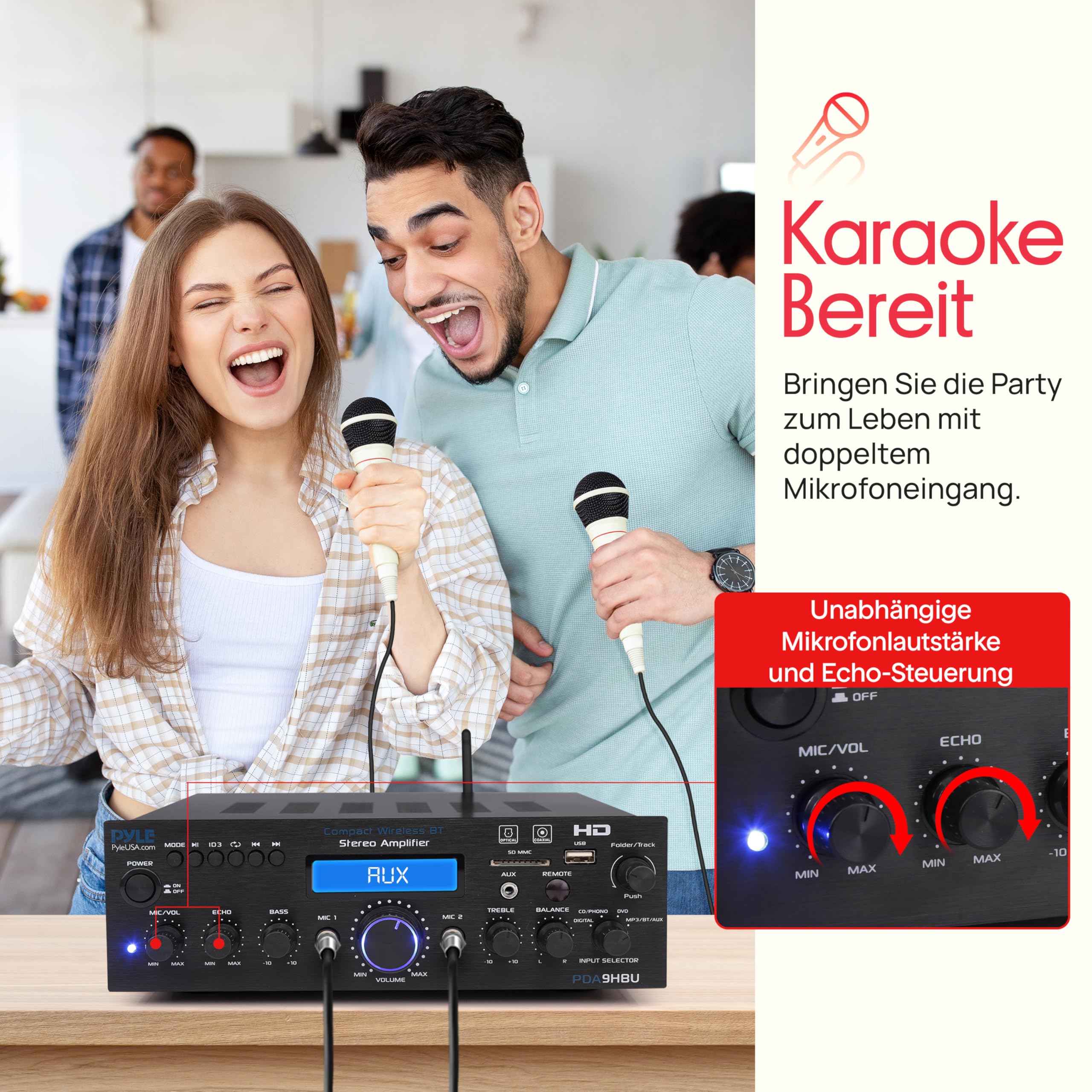 Pyle Stereo Verstärker, 200W Bluetooth Verstärker mit HDMI, Koaxial, USB AUX und Mic- Eingang, Mehrkanal- mit Fernbedienung, Ideal fur Heimkino TV, Musikstreaming und Karaoke