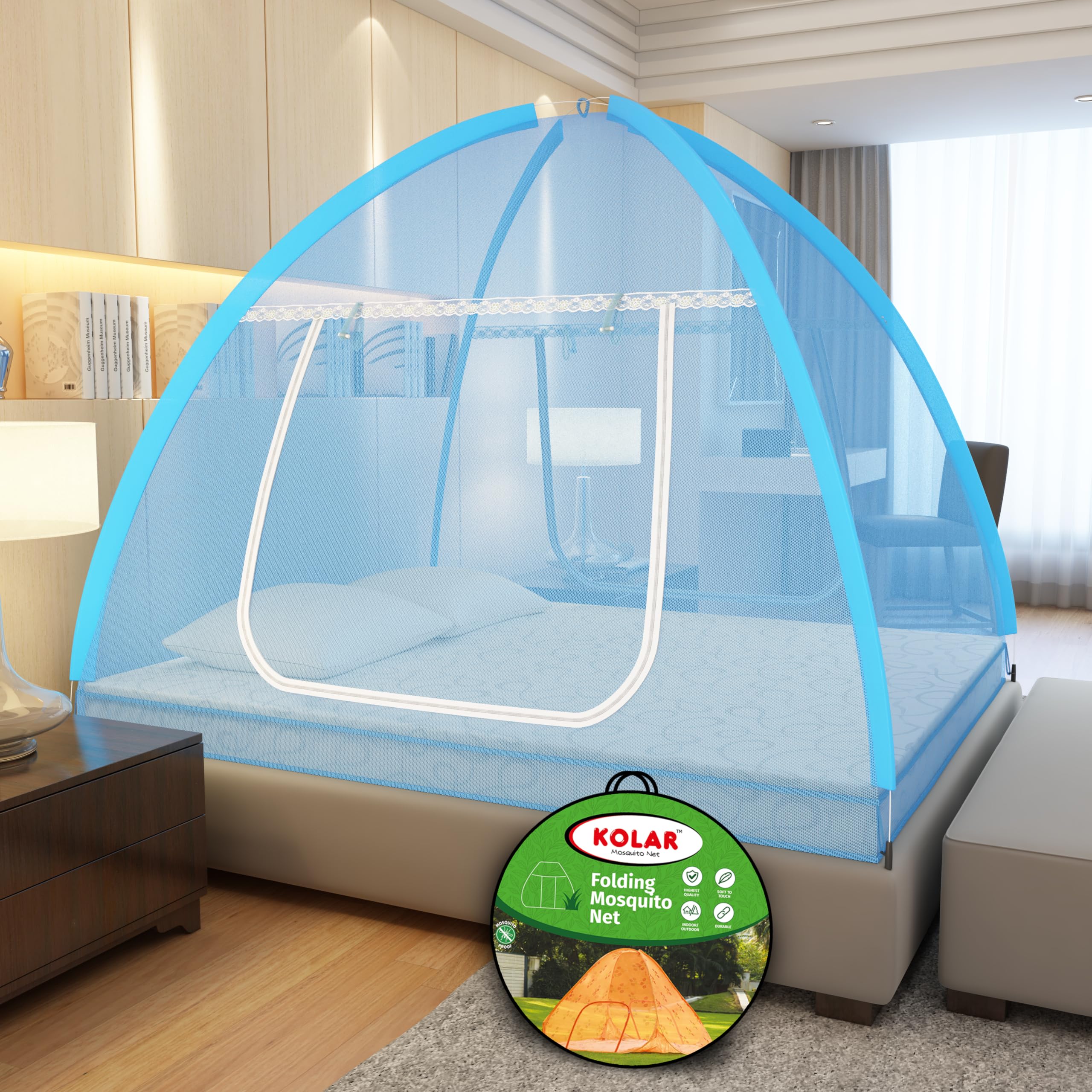 Kolar Mosquito Net for Double Bed | Polyester 30 GSM | King Size Foldable Machardani |Strong and Durable|Tent Type Corrosion Resistant - Full Blue-image-31