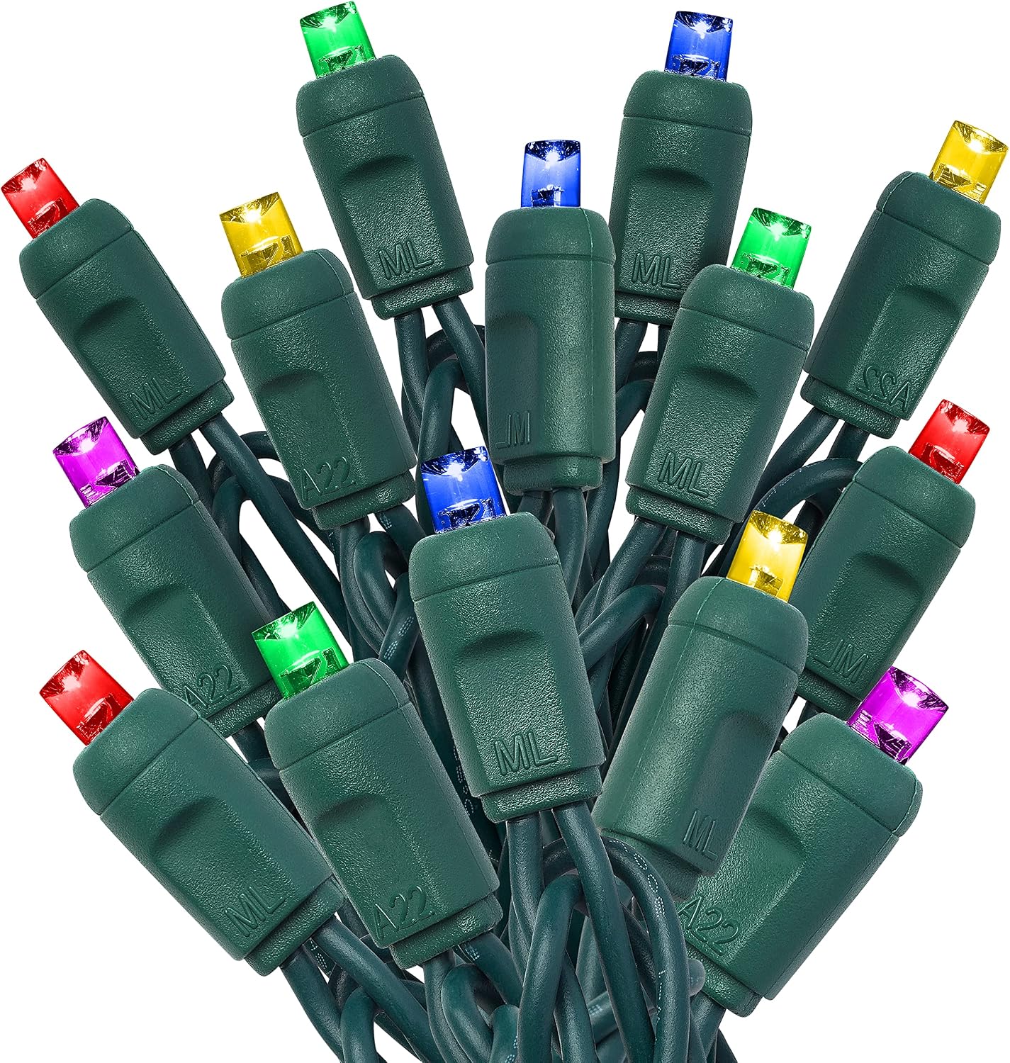 HLO Lighting 5mm Multi-Colored (Red, Cool White, & Green) LED Christmas Lights | Wide Angle LED Mini Christmas Lights for Indoor and Outdoor Use | 70 Bulbs