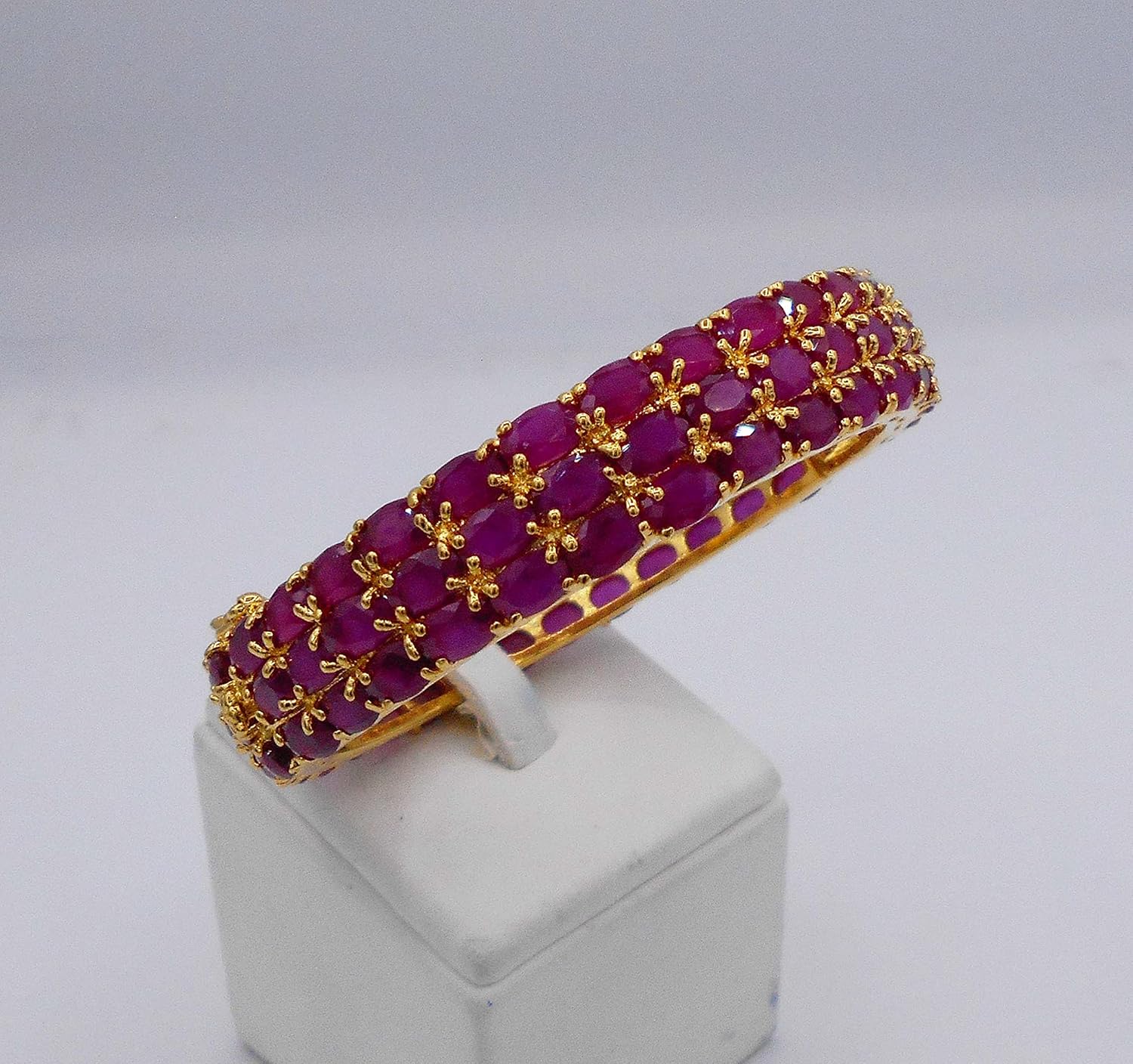 Rare Thai Jewelry Gorgeous 22k 23k 24k Yellow Gold Plated Women Rare Thai Cubic Zirconia CZ AAA Syn Ruby Bracelets Cuff Bangle 13 MM, 6.5 inch