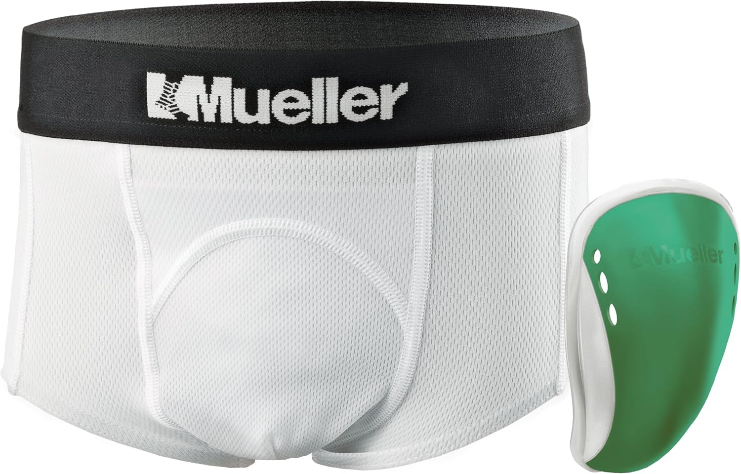 Mueller Athletic Support Brief with Flex Shield Cup, White/Green, Peewee Large: Health & Personal Care
