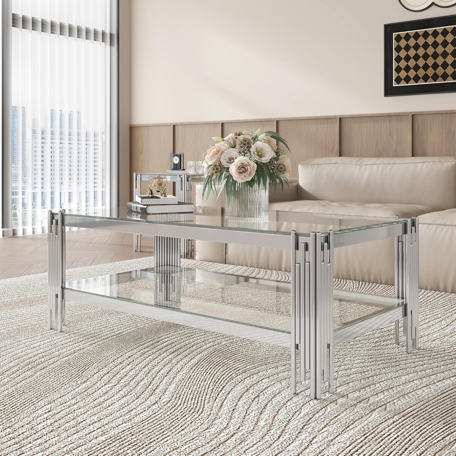 47” Rectangle Glass Coffee Table with Clear Tempered Glass Top & Silver Stainless Steel Legs, Modern 2-Tier Glass Center Table for Living Room, Home Office, Easy to Assemble