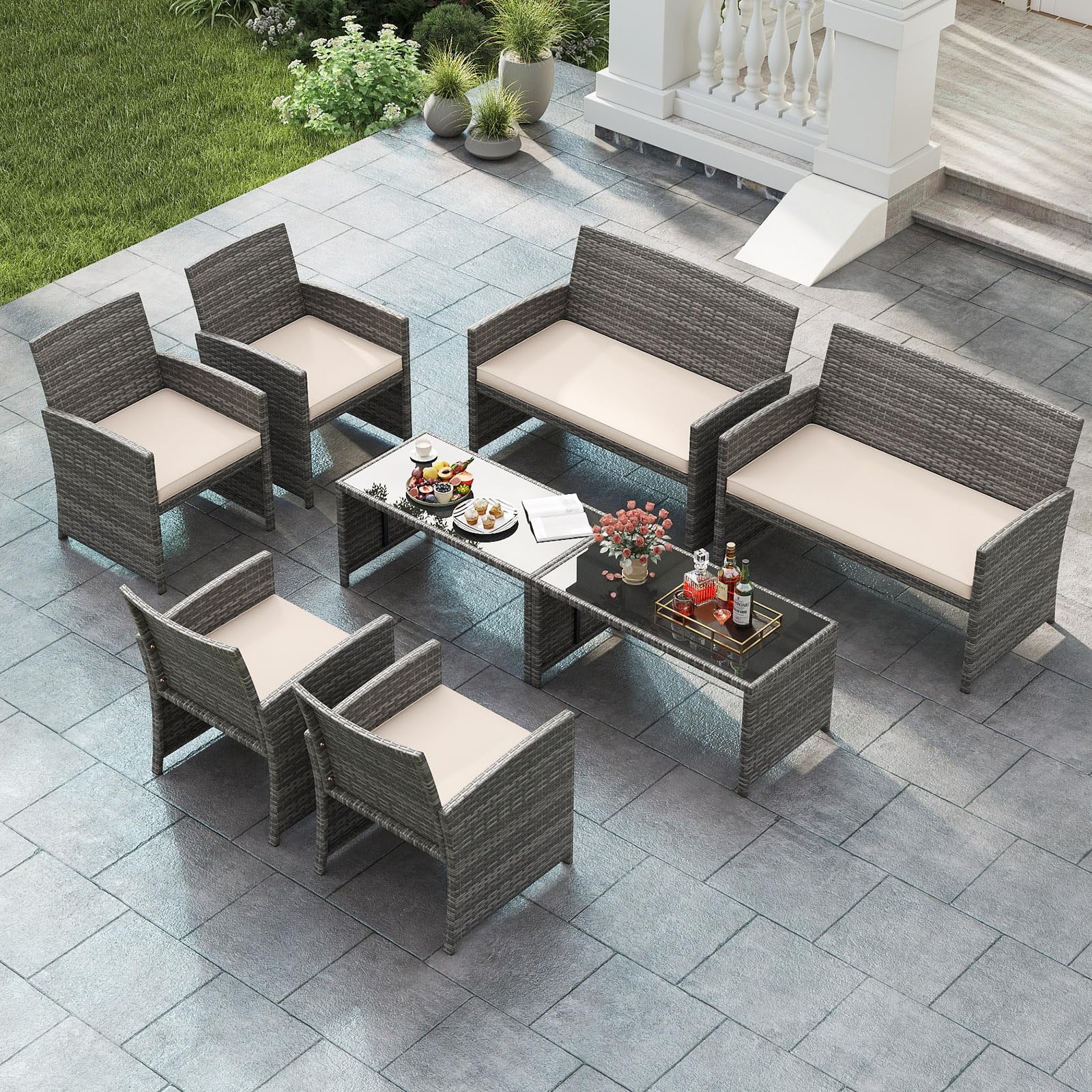 SOARS Set Mobili da Giardino in Rattan PE, Divano 2 Posti, 2 Poltrone, Tavolino Vetro, 4 Posti, Grigio+Bianco