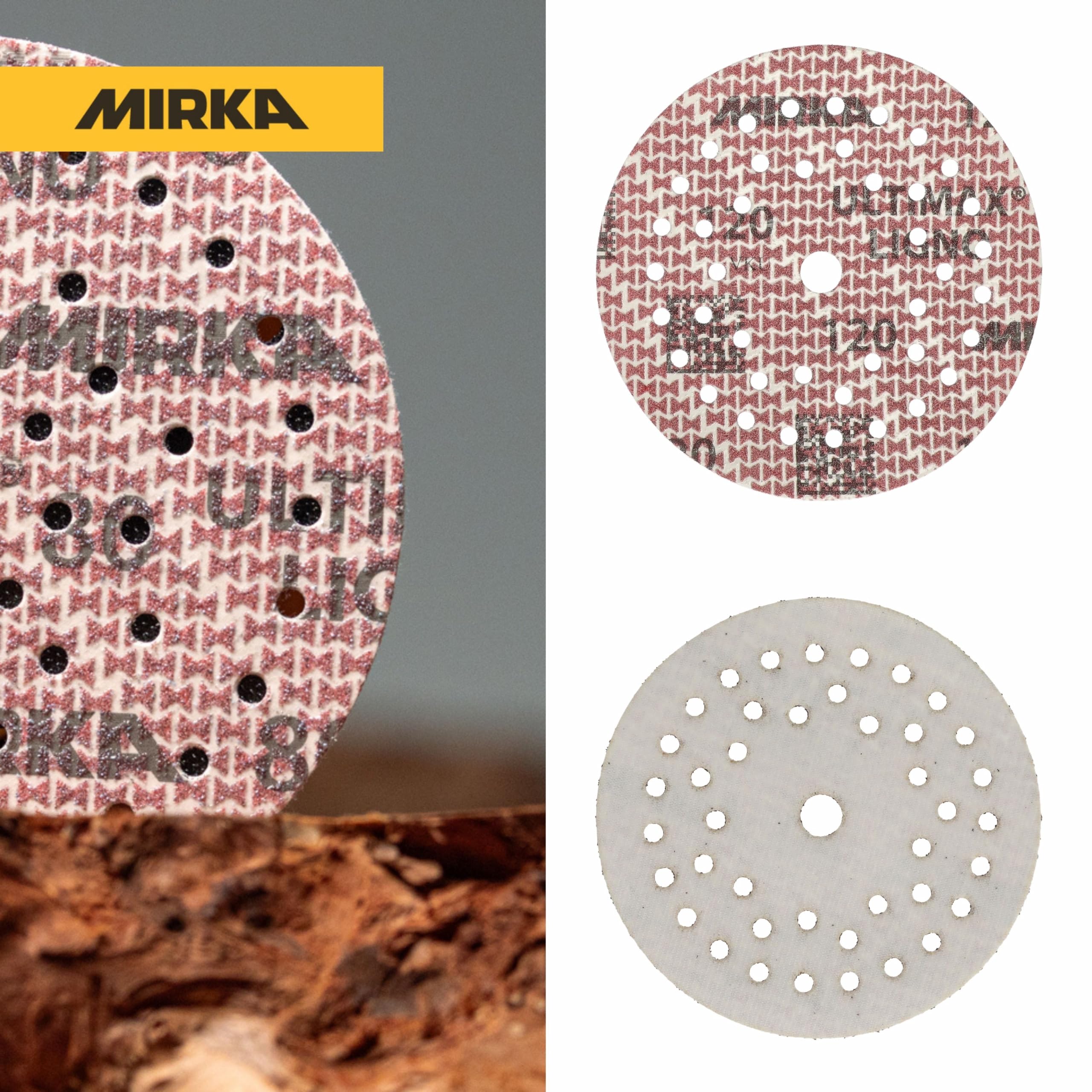 Mirka Schleifscheiben Ultimax Ligno Ø 125 mm Korn 120 Klett Multifit | Schleifscheiben mit Korn 120 für Holzoberflächen Multi-Lochung 100 Stück Klettverschluss kompatibel