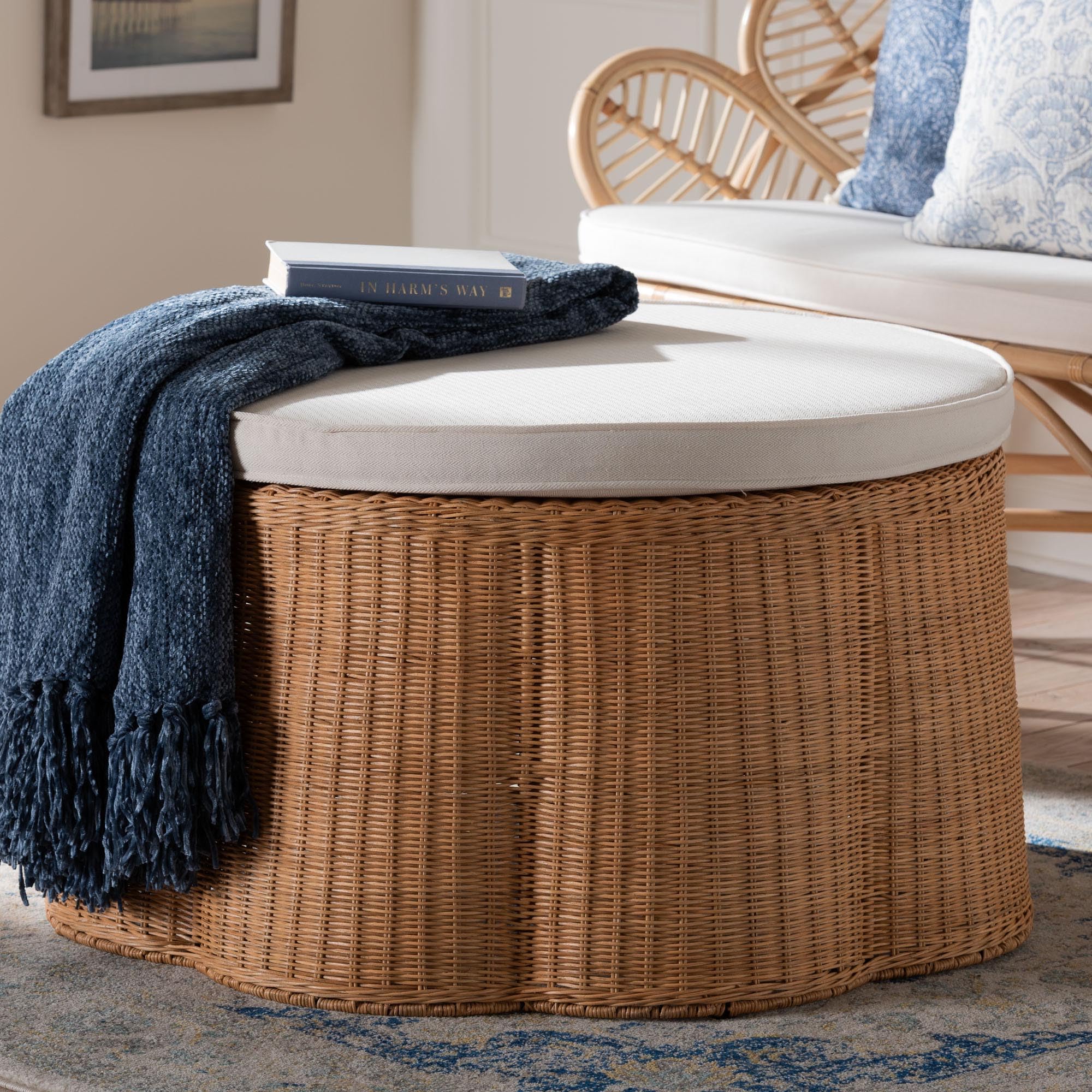 bali & pari palm scallop natural rattan ottoman with cushion - handwoven wicker accent stool or footrest for living room, bedroom, or sunroom, coastal boho style, 32-inch wide, round