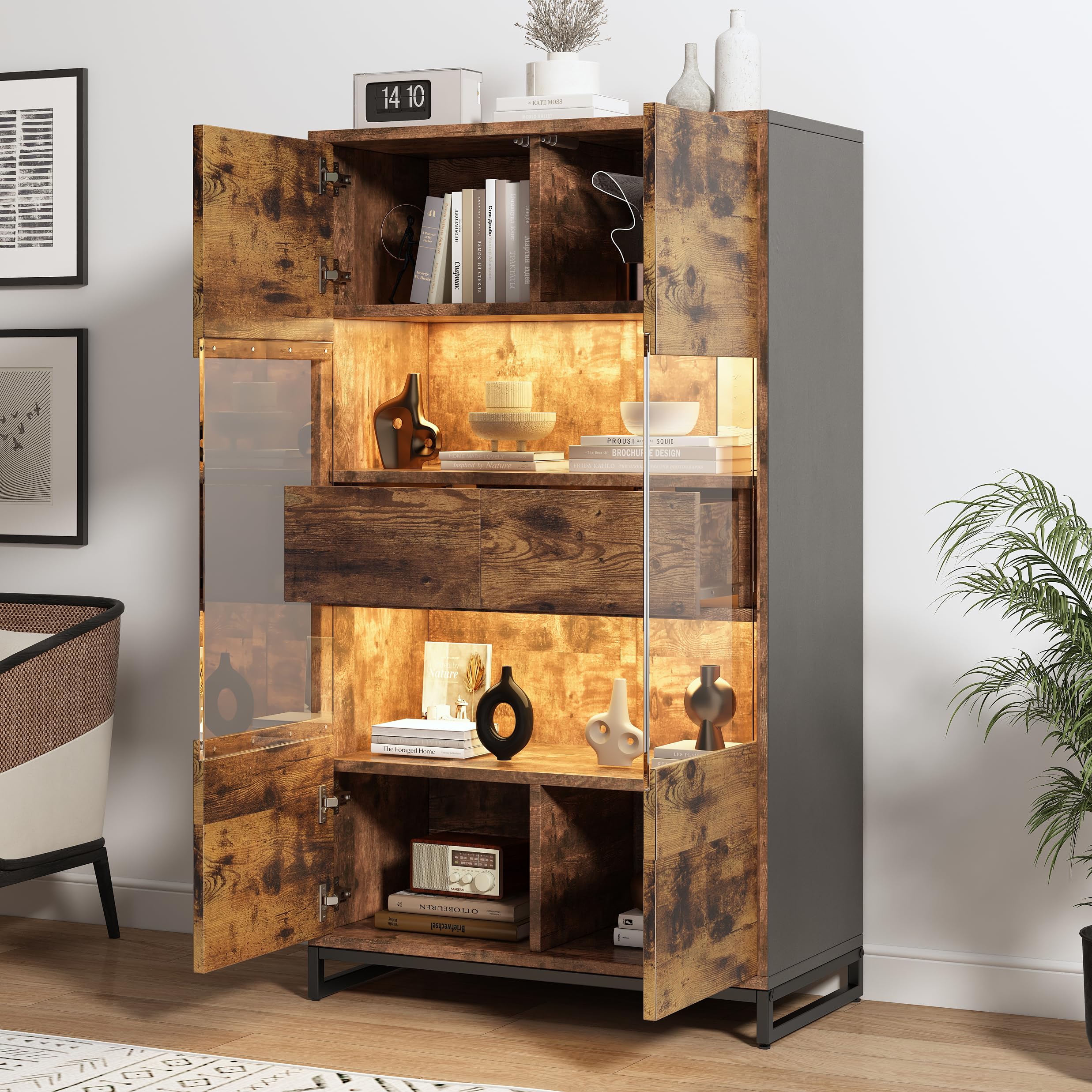 Merax Vetrina trasparente con illuminazione LED, libreria 2 ante 2 cassetti, vetrina da collezione, vetrina per vino, soggiorno, sala da pranzo, ufficio, vintage, marrone