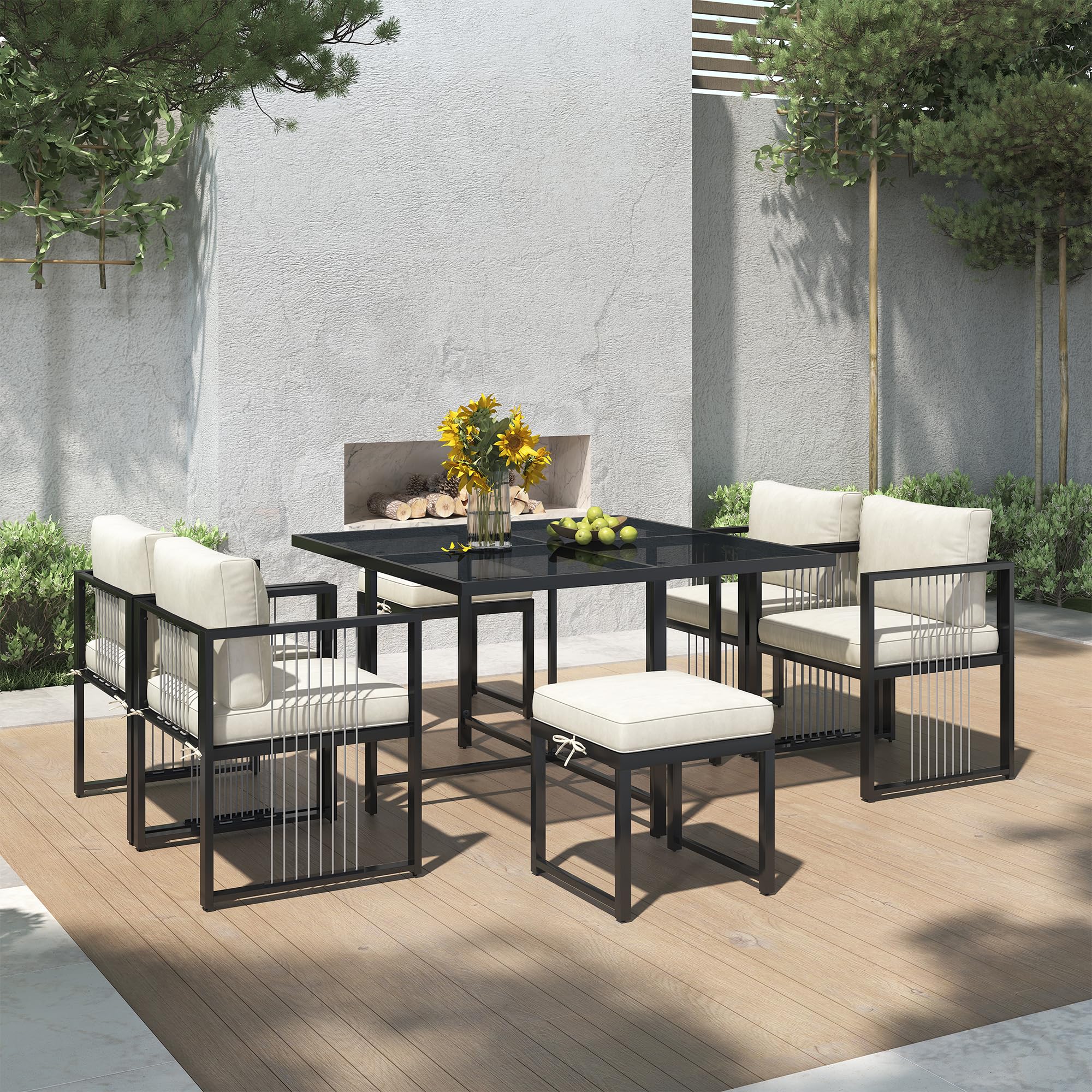 Set di 7 sedie e tavolo da pranzo da esterno per 6 persone, tavolo in vetro temperato, adatto per pasti in cortile, terrazza giardino