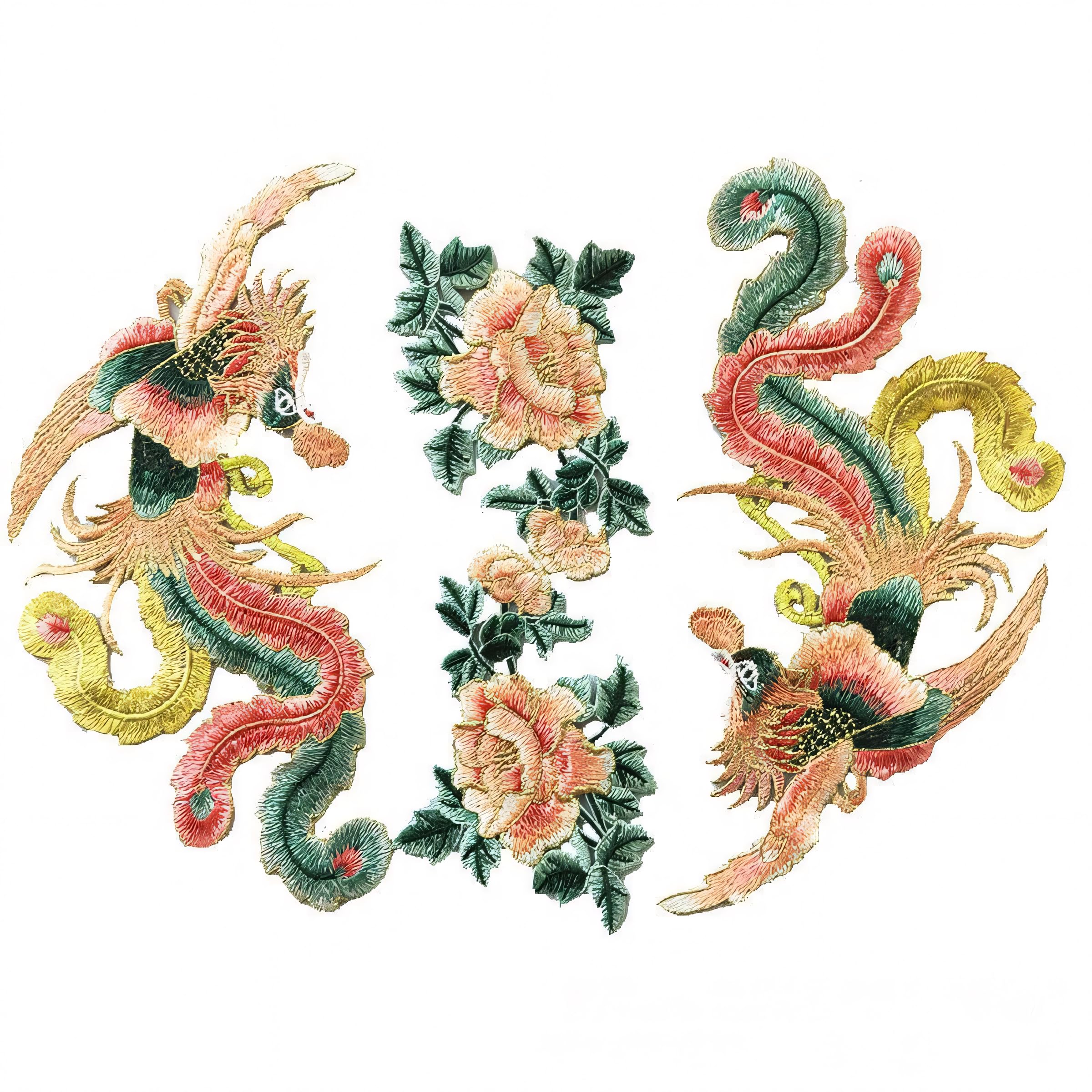 Fjisd 3Pcs/Set 23/25Cm Phoenix Flower Blossom Embroidery Patch Iron On Appliques Chinese For Clothing Large Sew On Patches For Jeans Jacket