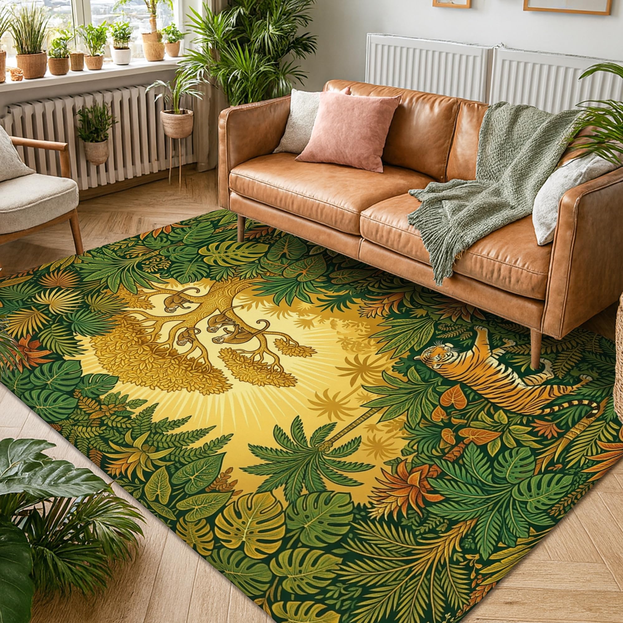 Alfombra de área de tigre, hojas tropicales de árbol natural, verde, de pelo bajo, esponja suave, rectangular, resistente a las manchas, para sala de estar, dormitorio, aula, dormitorio, decoración de