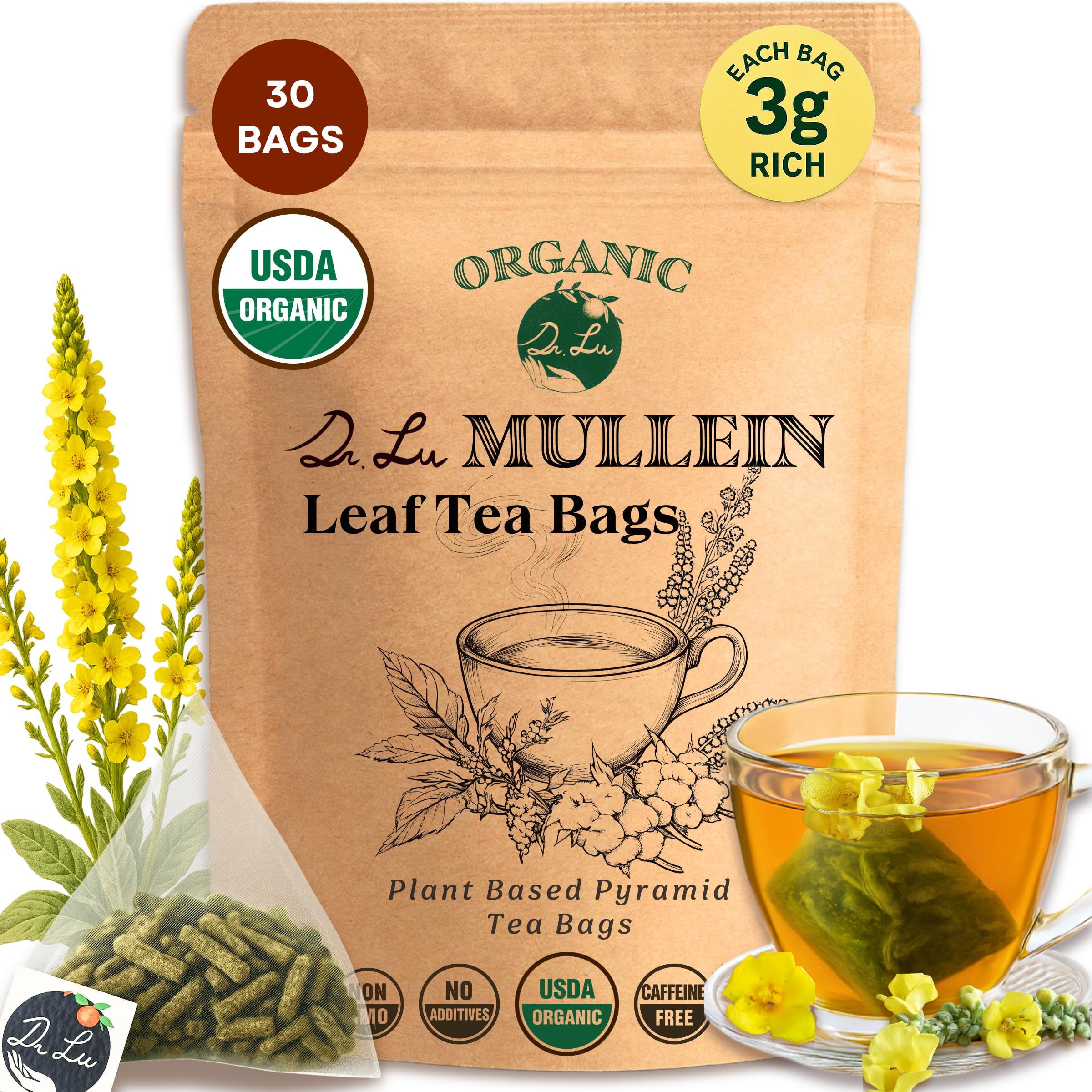 Dr. Lu’s Organic Mullein Leaf Tea | High-Altitude Grown in the Rocky Mountains | Pure Botanical Respiratory Support | 30 x 3g Premium Fill Corn Fiber