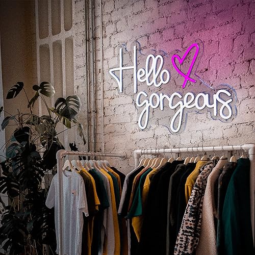 Miniatura 3 de Letrero de neón con texto en inglés Hello Gorgeous para decoración de pared con adaptador y atenuador remoto, letrero LED grande de Hello Gorgeous