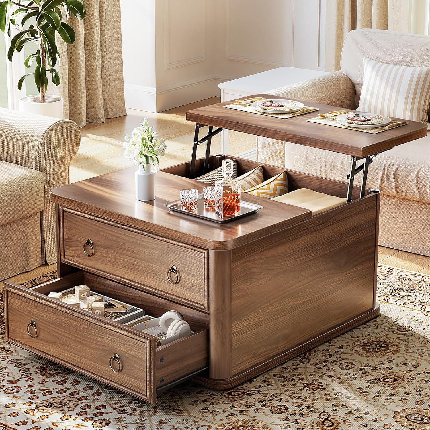 31.5" Lift Top Coffee Table with Storage,Square Coffee Tables with Lifting top for Living Room,Farmhouse Coffee Table with Large Drawers and 2 Hidden Compartment,Walnut