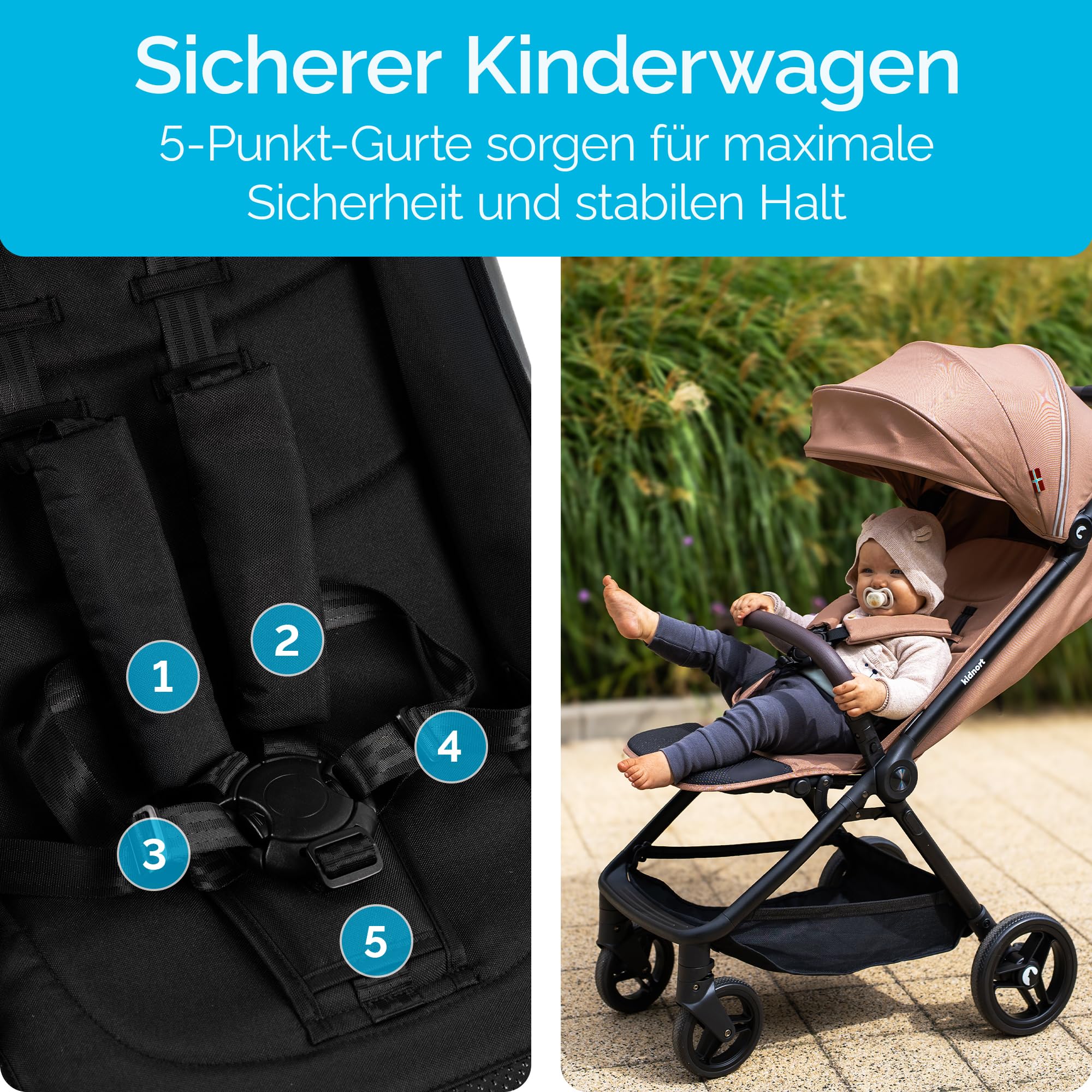 Snøugle Reisebuggy leicht faltbar mit Liegefunktion, Einhand-Faltung, bis 22 kg, 5-Punkt-Gurt, Federung, Verdeck Schwarz