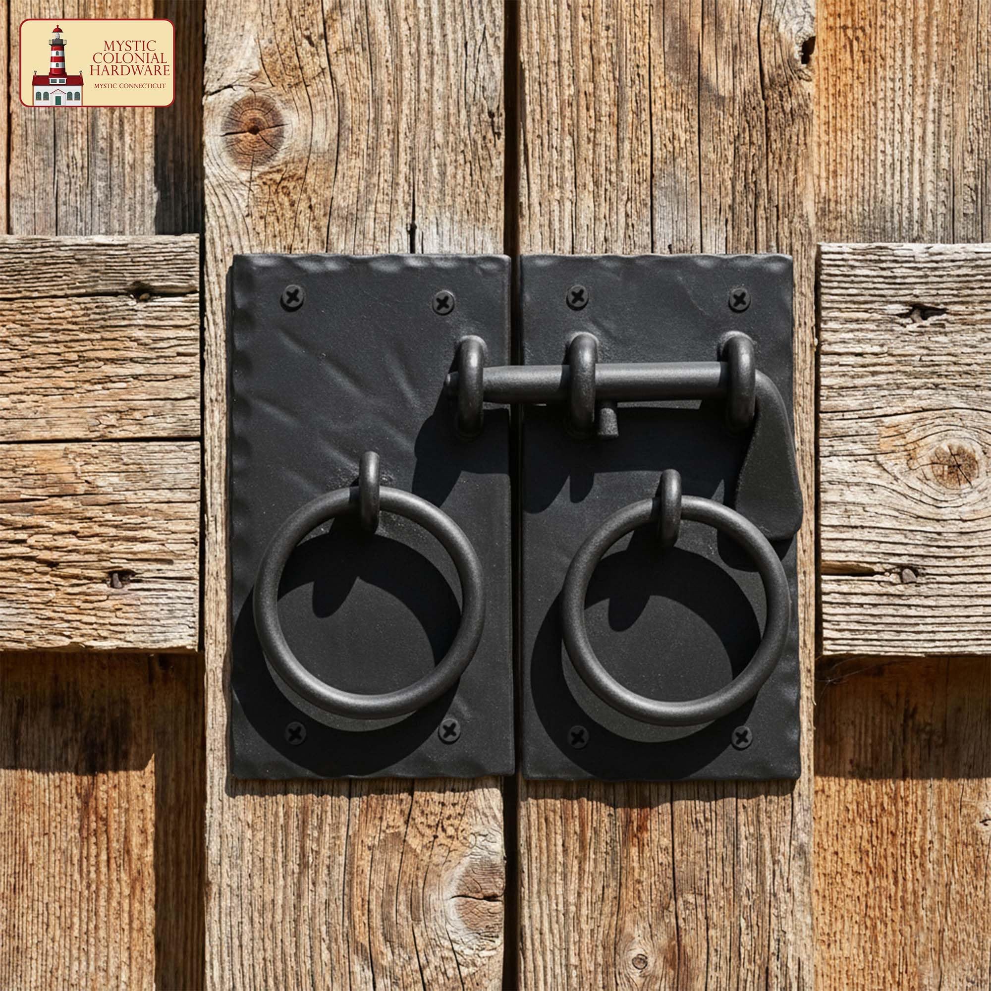 Mystic - Set di chiavistelli in ferro forgiato a mano, stile rustico, con maniglie ad anello, per cancelli, porte del fienile, capannoni e armadi