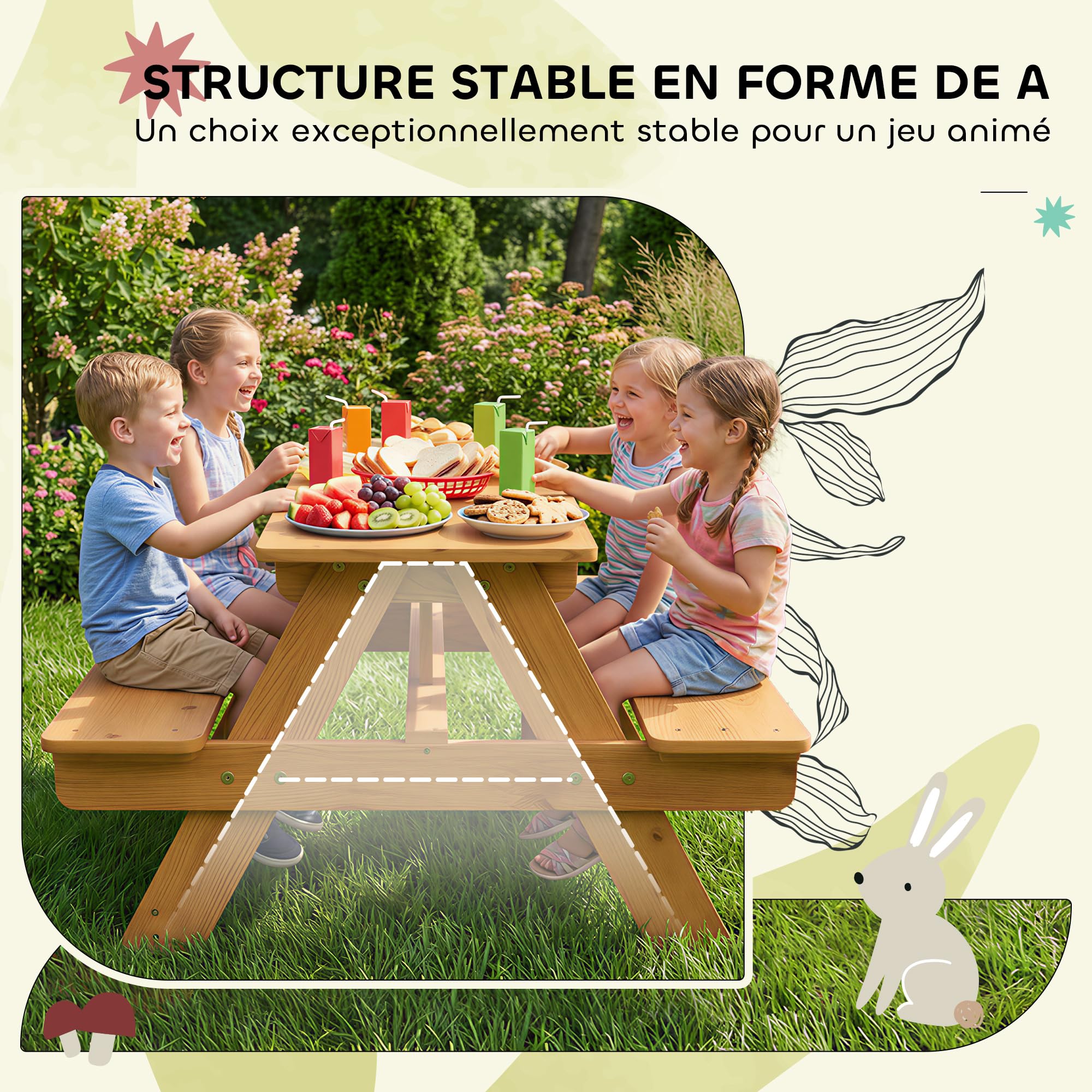 AIYAPLAY Ensemble Salon de Jardin extérieur Enfant, Table Pique-Nique Enfant avec bancs, Cadre en Bois Massif, pour Jardin, pelouse, Camping, Bois Naturel