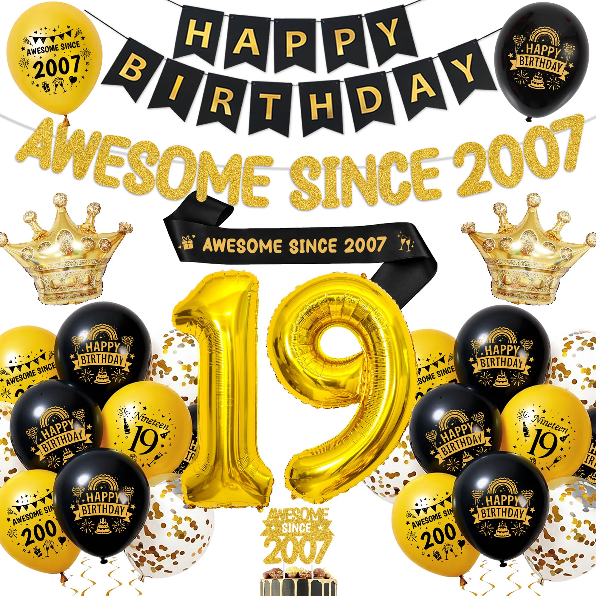 19th Birthday Decorations Black Gold, Party Supplies for Boys and Girls