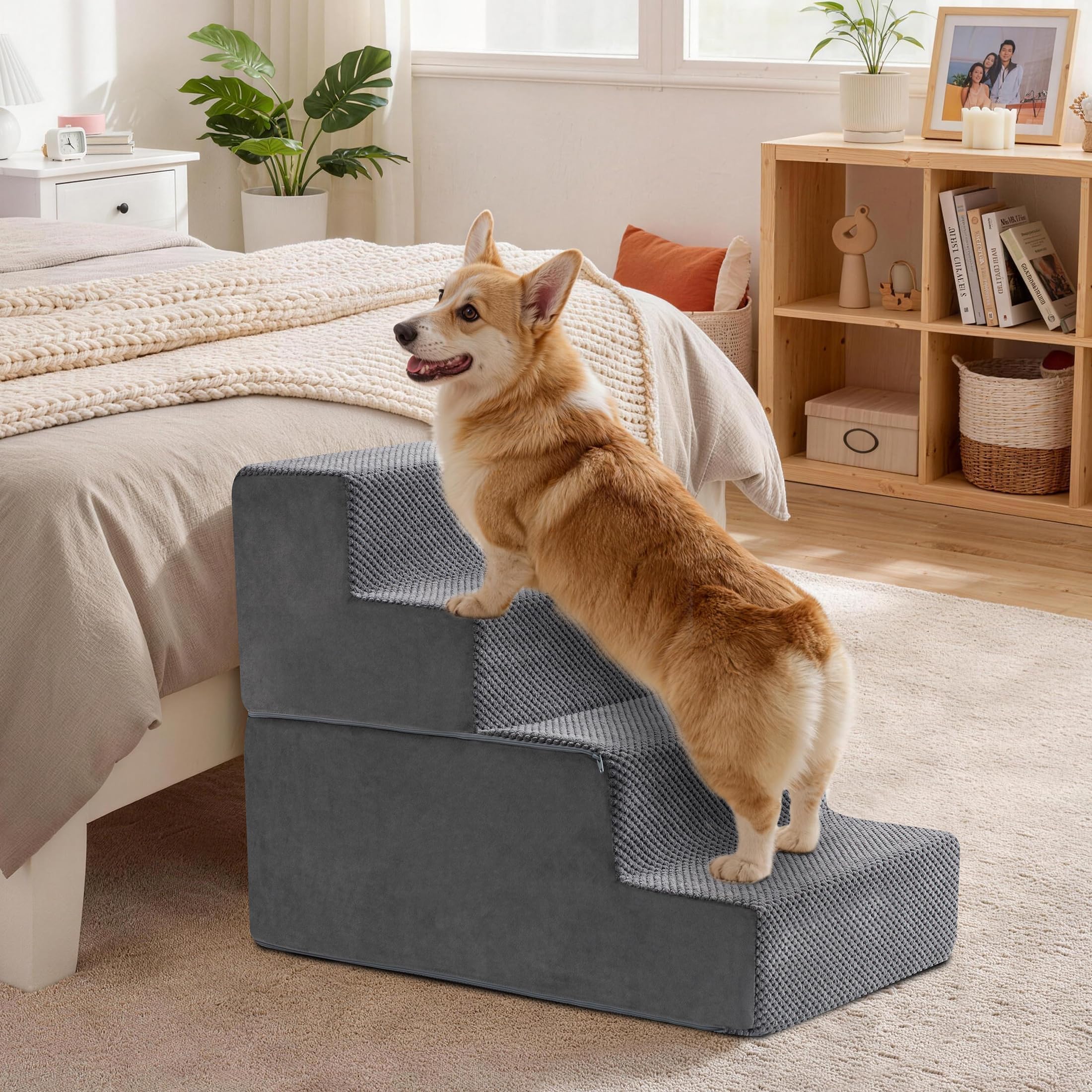 Escalier pour Chien et Rampe pour Lit Haut & Canapé, 33-61cm Escalier Amovible pour Chiens Petits et Moyens, Mousse 40D Robuste, Antidérapant, Lavable, avec Rouleau Anti-Poils, Gris