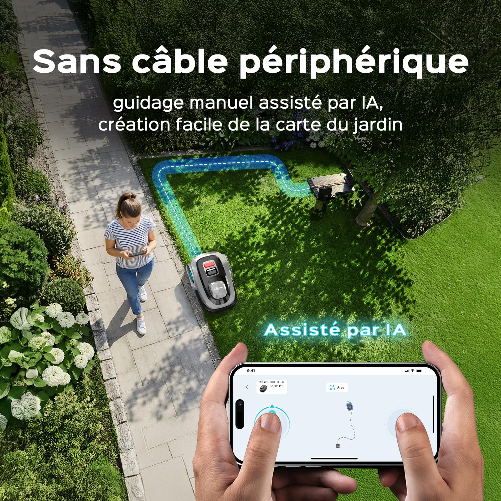 YARDCARE N1600PRO Robot Tondeuse sans câble périphérique, jusqu'à 1600 m², Navigation RTK et Vision IA, détection de Plus de 300 Obstacles, Tonte en U, APP Gestion Multi-Zones et Hauteur 20–60 mm