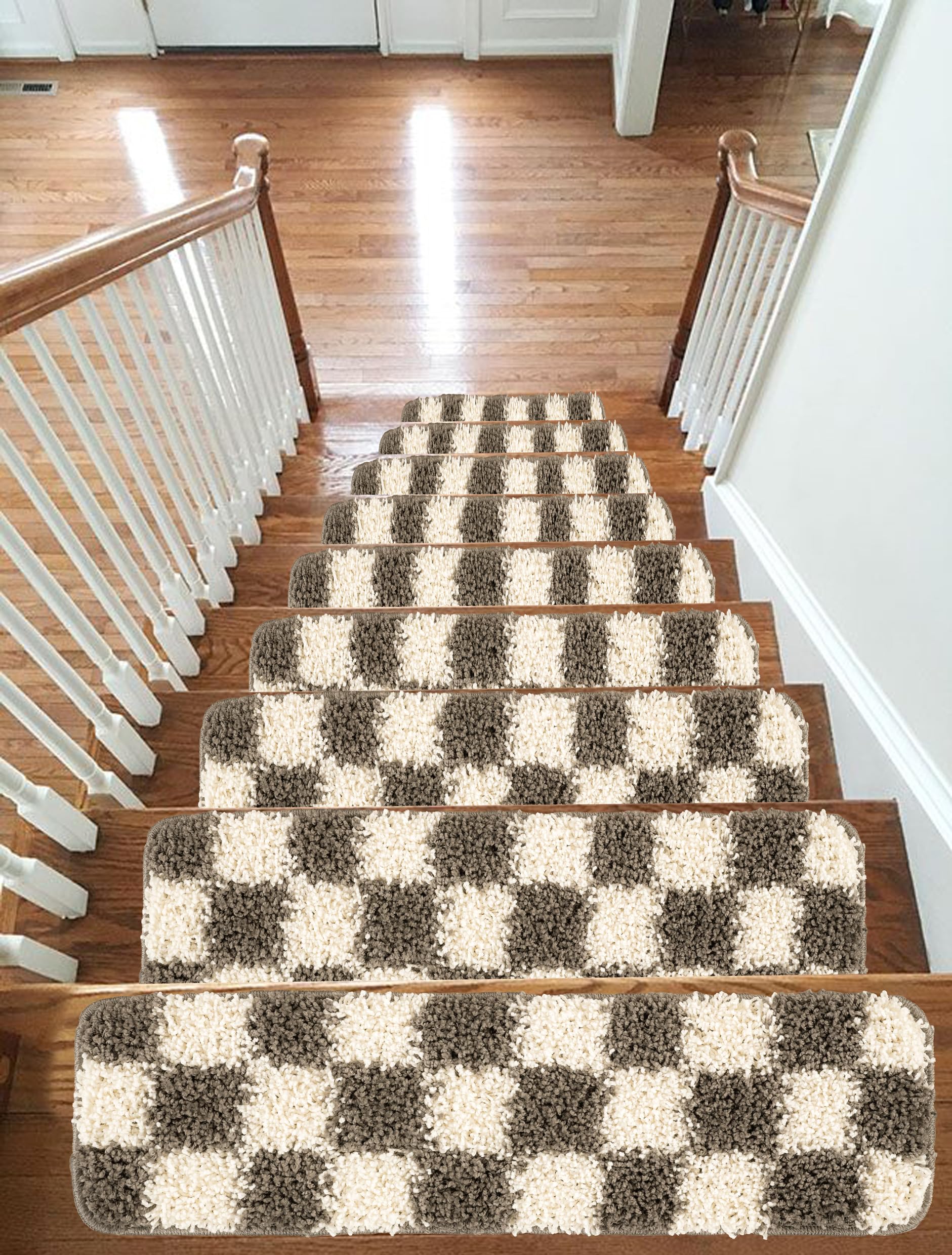 emmahome Fluffy Shaggy Non-Slip Washable Carpet Stair Treads, Self-Adhesive Stair Mats/Rugs for Kids Elders and Pets, 20x65cm, 15pc in Box (Fume/Cream)