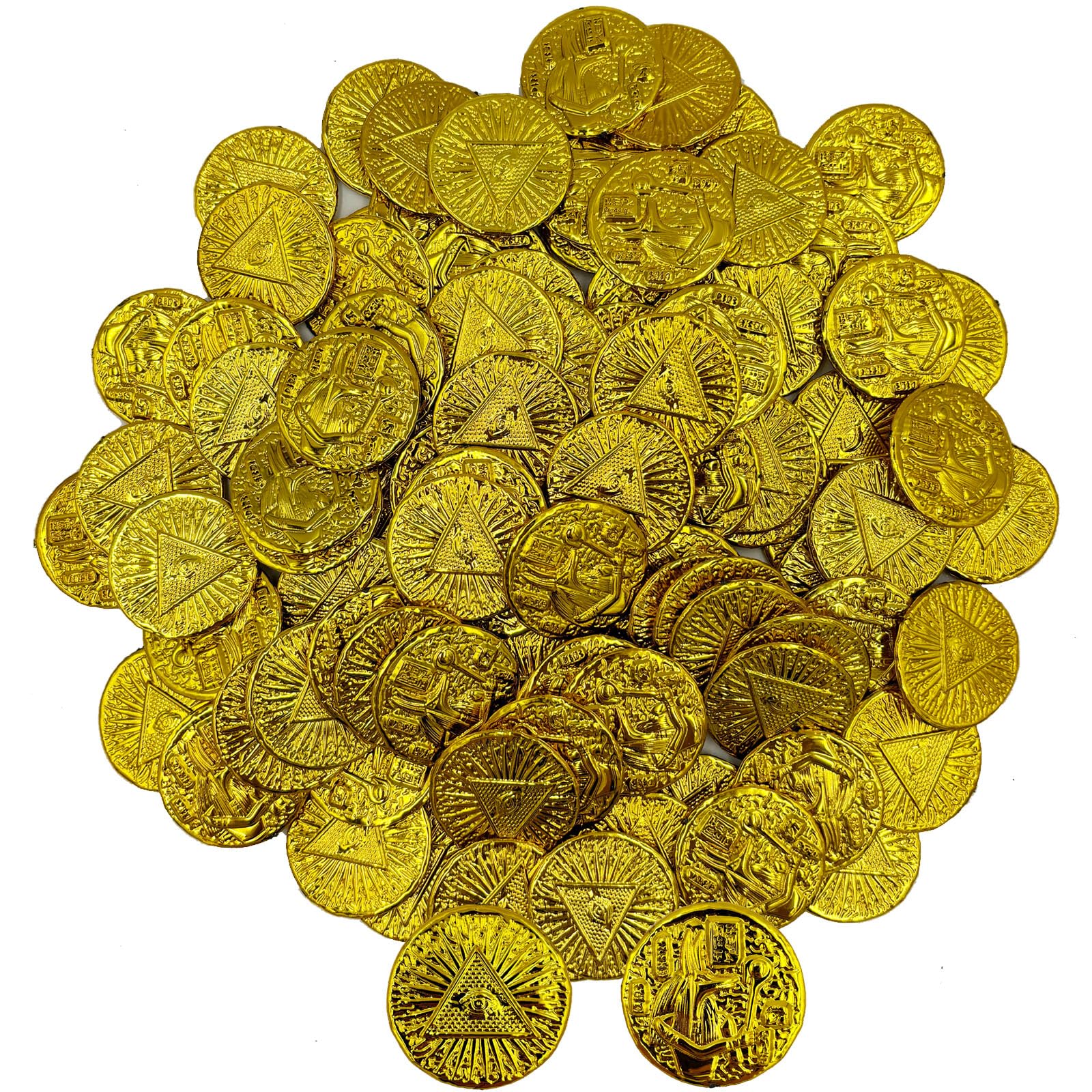 100 Pieces Gold Plastic Play Coins - Egyptian Style Treasure Pirate Tokens - Fake Gold Coins for St. Patricks Day Party Favors,Pirate Party,Treasure