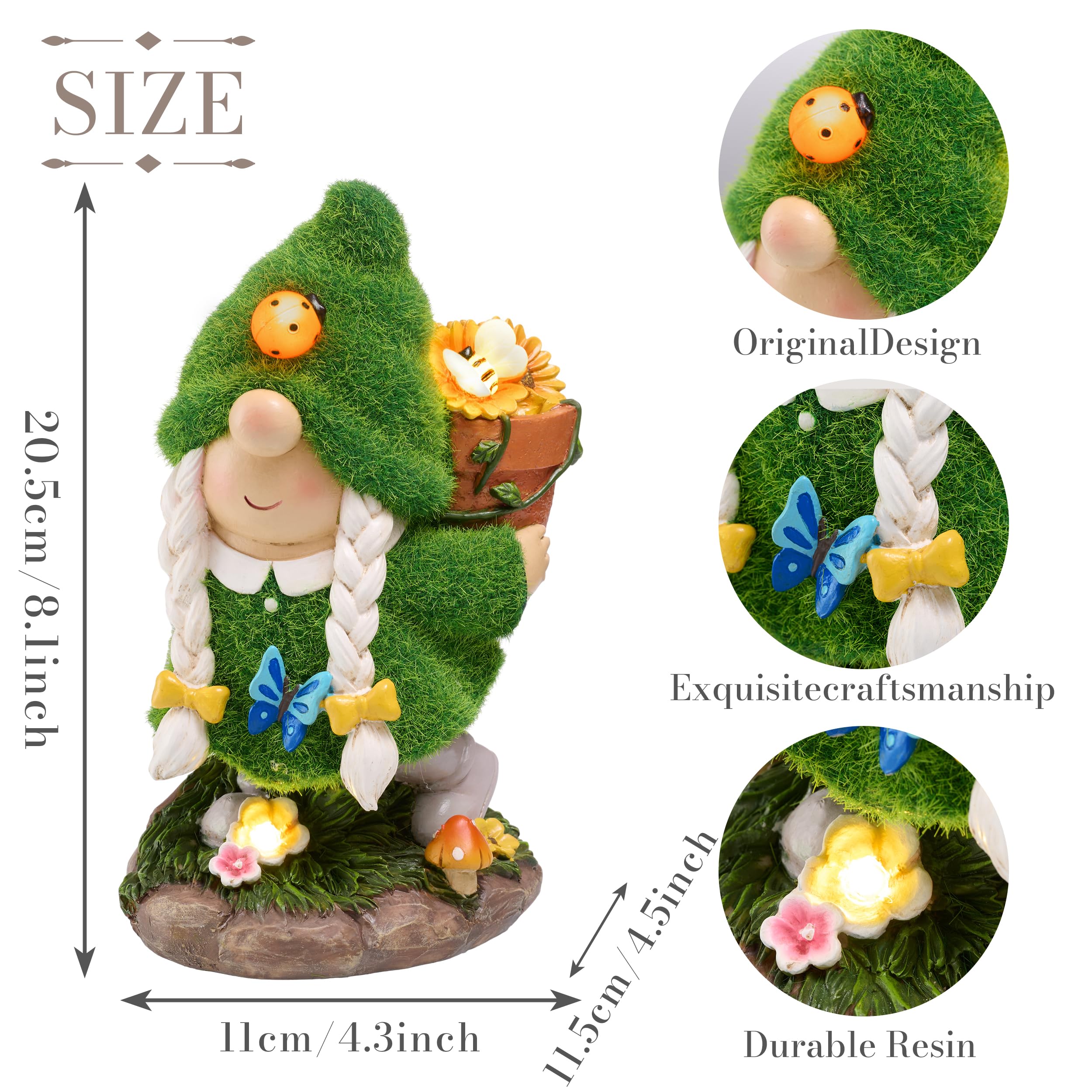 TERESA'S COLLECTIONS Gartenzwerge Gartendeko für Draußen,20cm Wetterfest Figur mit Solarleuchte,Blumenpflücken Gartenfiguren draußen aus Kunstharz,Garten Deko Solar