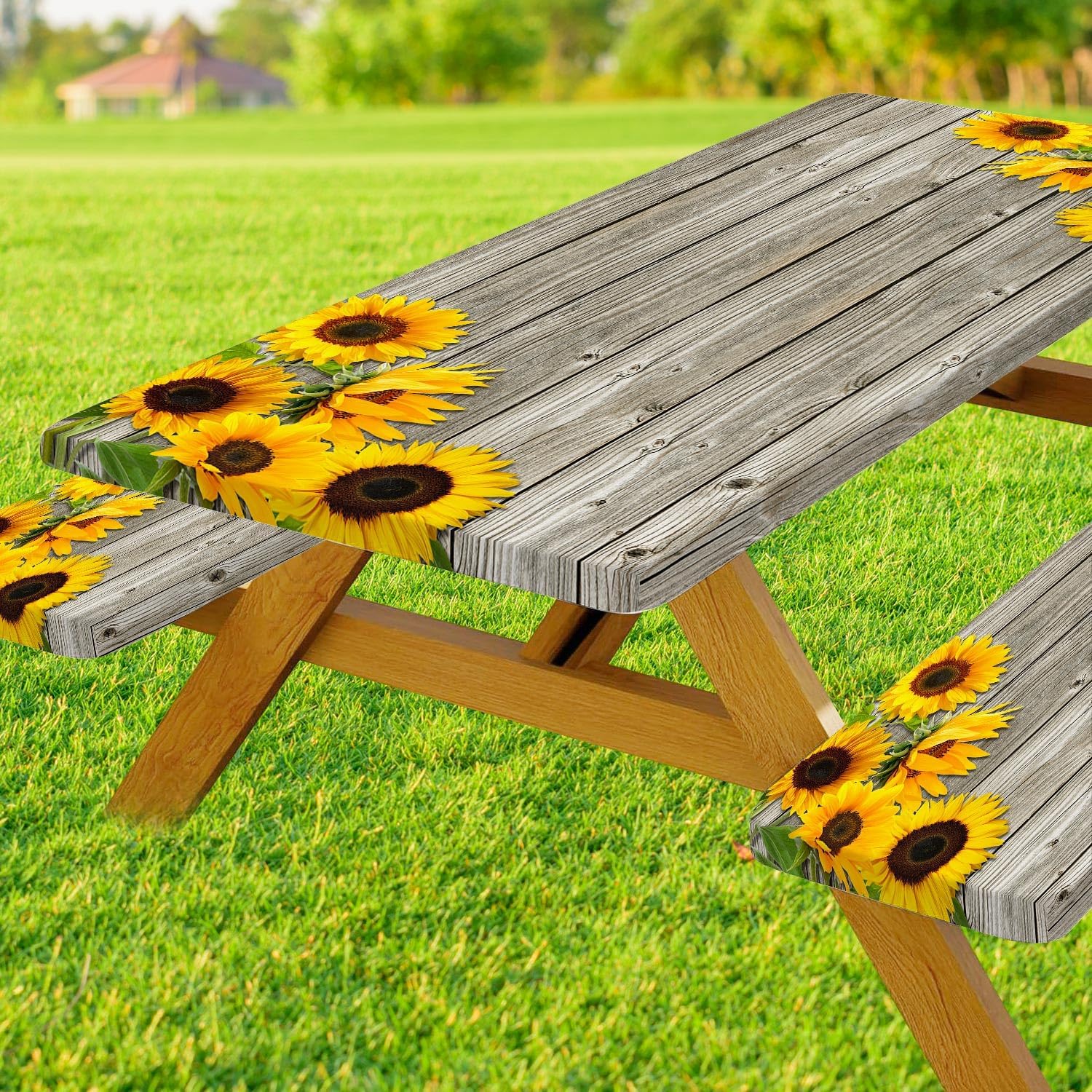 DYNH 3 Pcs Sunflower Wooden Picnic Table Cover with Bench Covers,Rustic Sunflower Waterproof Fitted Picnic Table Cloths Retro Wood Texture Elastic Outdoor Picnic Tablecloth for Camping Patio Travel