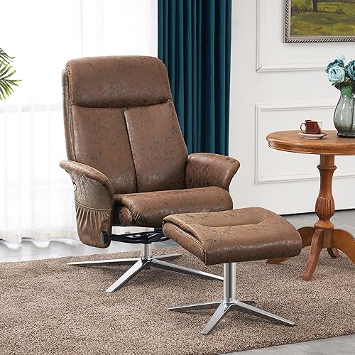 Miniatura 2 de MCombo reclinable giratorio con otomana, sillón moderno con base de aluminio resistente, silla de salón de piel sintética para sala de estar,
