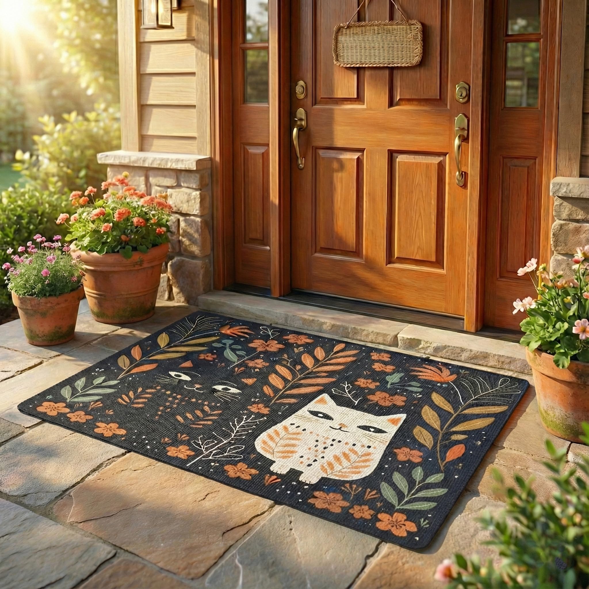 MUKJHOI Funny Welcome Mats, 32"x20" Front Door Mat for Outdoor/Indoor Entrance Black Cute Cat Entryway Rugs Home Farmhouse Balcony Patio Decor