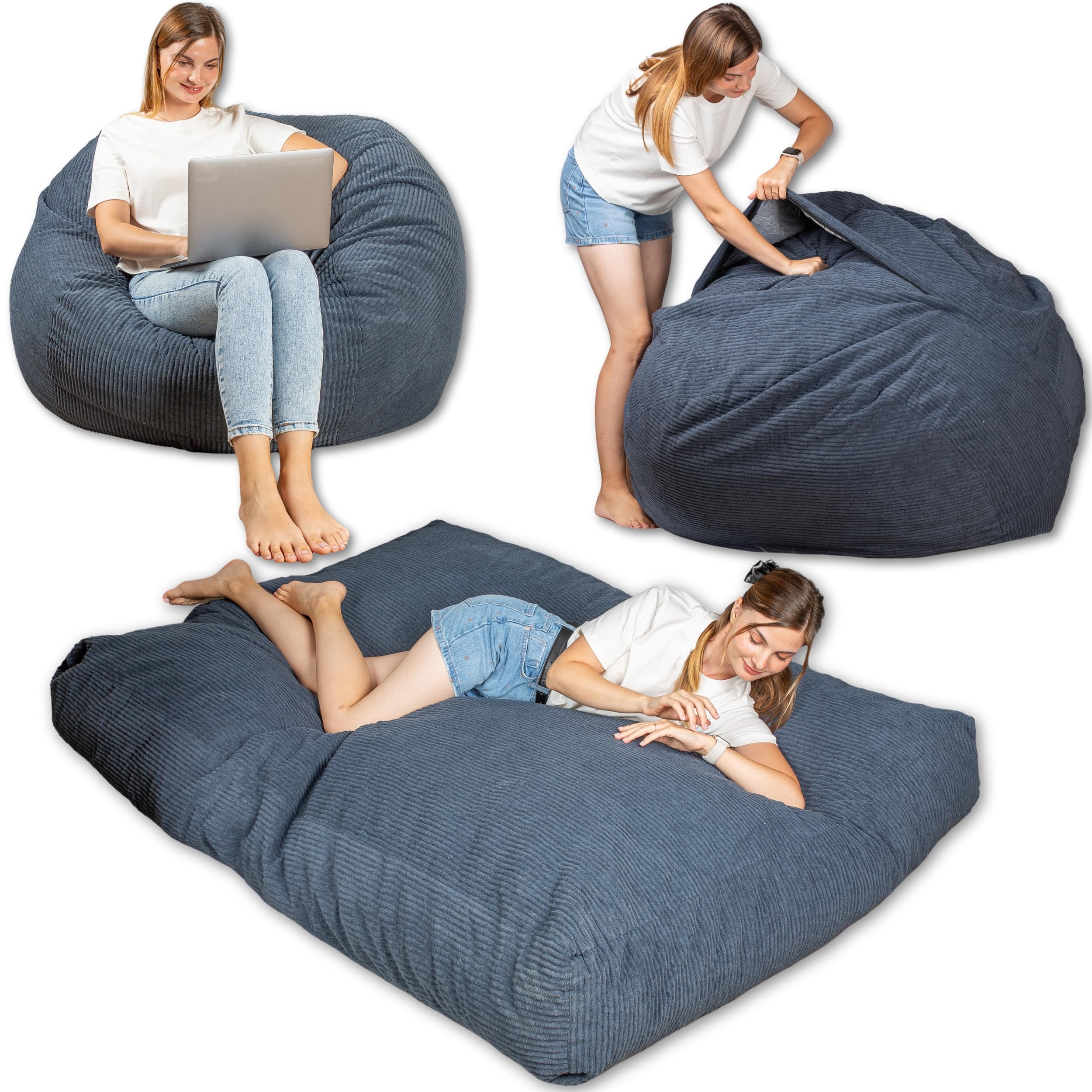 bananair - Puff Cama Gigante con Relleno de Espuma Incluído - Puff Salon Convertible en Futon/Colchón Plegable Suelo 135x185 cm - Pana Ancho, Tejido Suave y Elegante (Azul Noche)