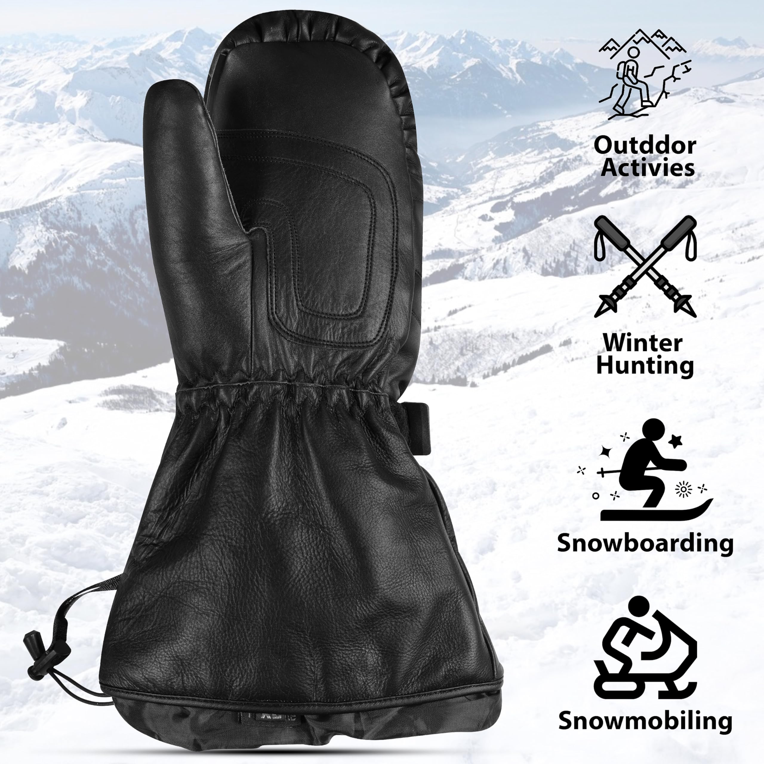 ZAKCO WinterShield Full Hand Aniline Leather Mittens, Winter Leather Mittens with Bulk Platinum Insulation, Snowmobile Leather Mittens, Outdoor Mittens, Ski Mittens, Black, Medium (Large)