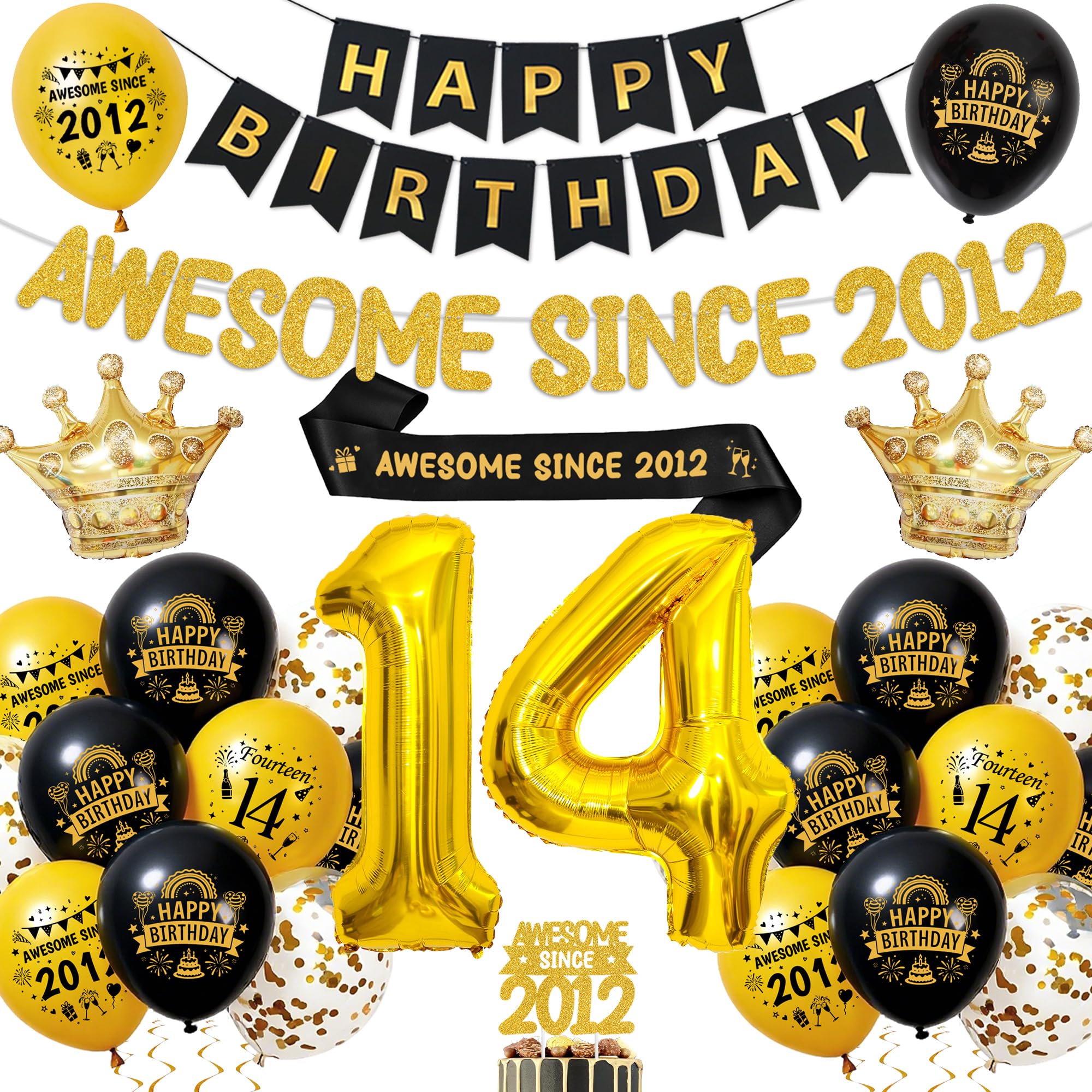 14th Birthday Decorations Black Gold, Party Supplies for Boys and Girls