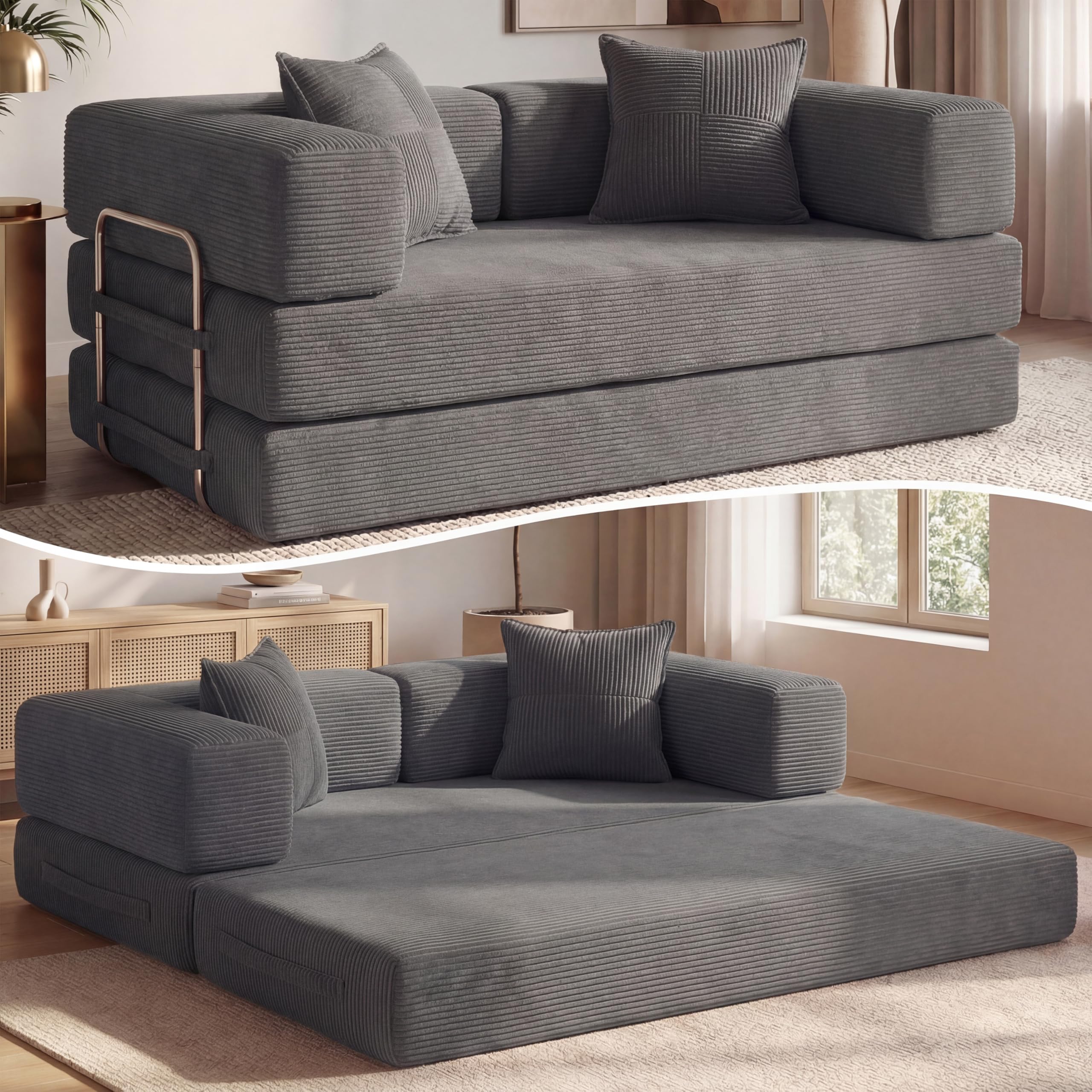 Vipbear Divano letto velluto a coste 160×90×70 cm, divano a pavimento trasformabile 5-in-1, schiuma ad alta densità, pet-friendly ed ergonomico, senza montaggio, Grigio