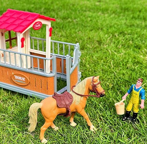 Miniatura 2 de Peagprav Set de juego de figura de establo de caballos, club de caballos con jinete, área de lavado de caballos, figuras de cerca, juguetes de