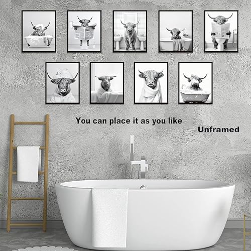 Miniatura 2 de Divertido arte de pared de vaca de las tierras altas, pósteres vintage de animales de las tierras altas en blanco y negro, impresiones de lienzo