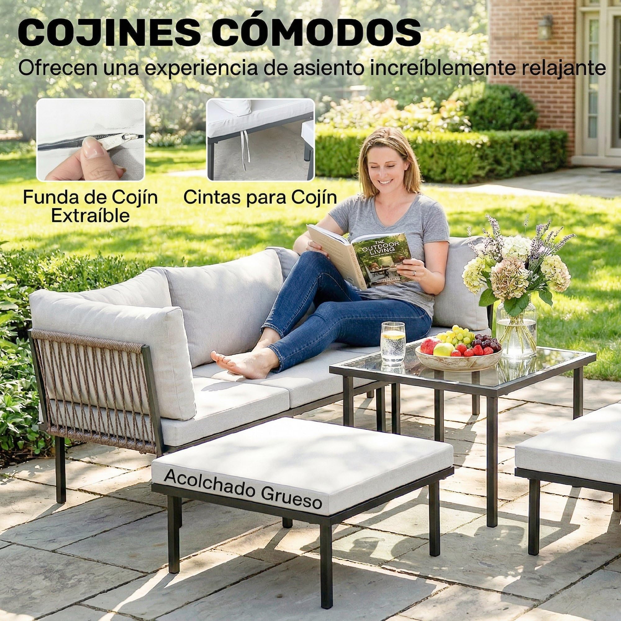 Outsunny Conjunto de Muebles Jardín Exterior 6 Piezas Sofá Gris Claro | Seccional Forma de L, Sofá de 2 Plazas, 2 Sillones, Reposapiés, Mesa con Tapa de Vidrio, Cojines, Módulo de Esquina