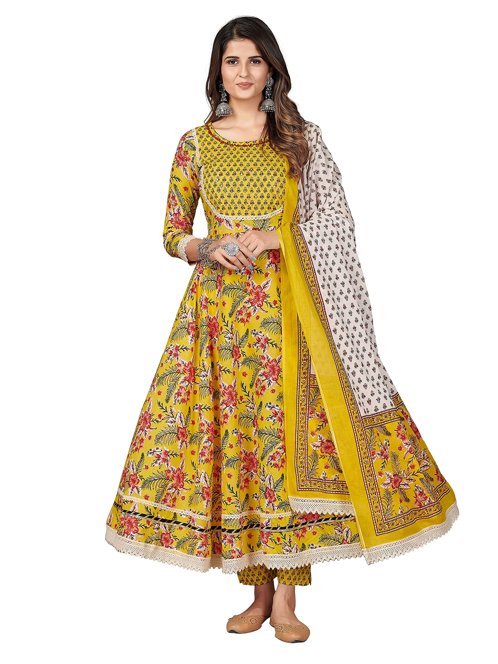 Vbuyz Women's Printed & Embroidered Anarkali Cotton Yellow Stitched Kurta Pant With Dupatta (VF-KU-1109-SKD-44)