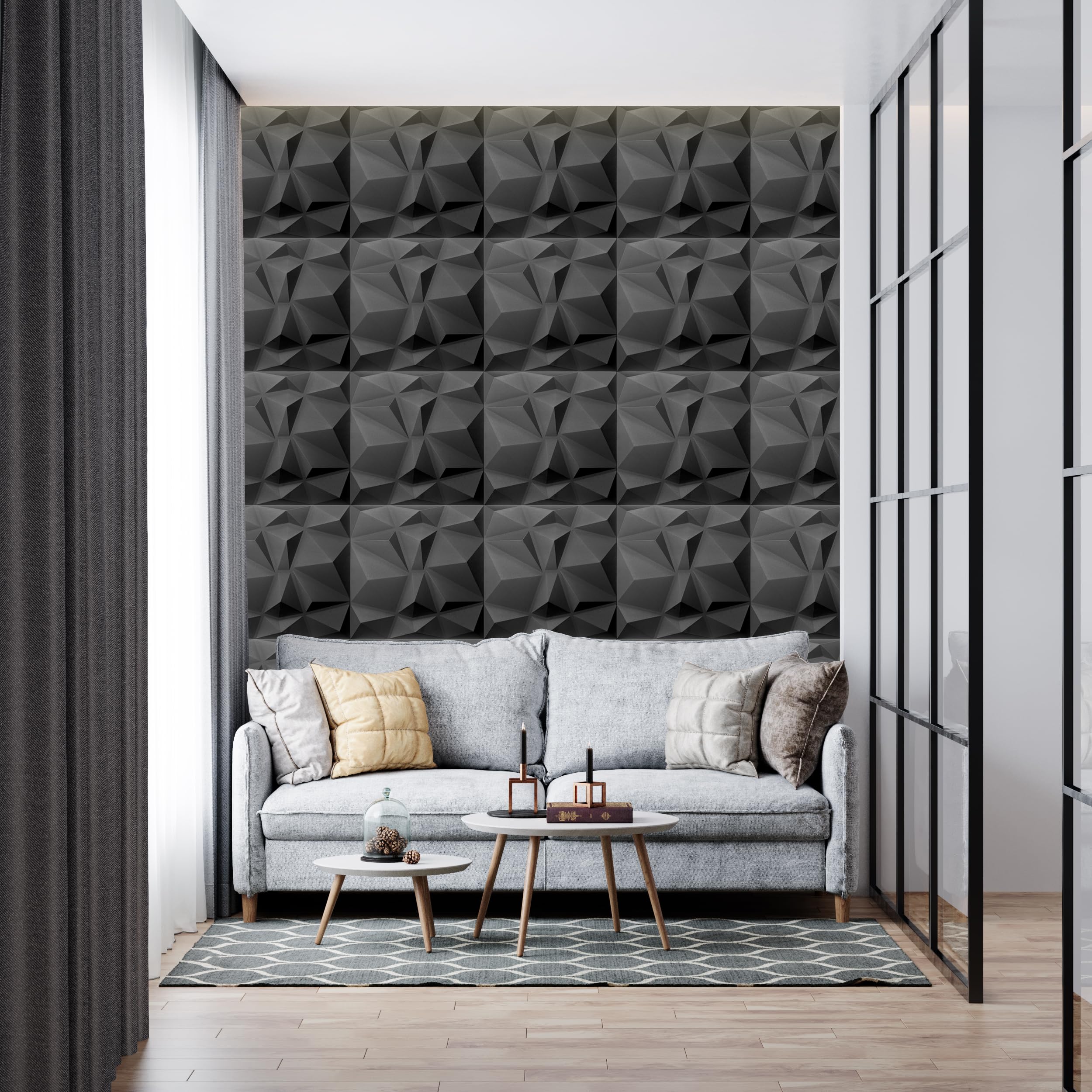 DECCART Pannelli Decorativi Per Pareti 3D - Pannelli Murali - Pannello Decorativo Parete - Polystyrène PSE - 50x50 cm Ambra 8 m², 32 Pezzi, Nero