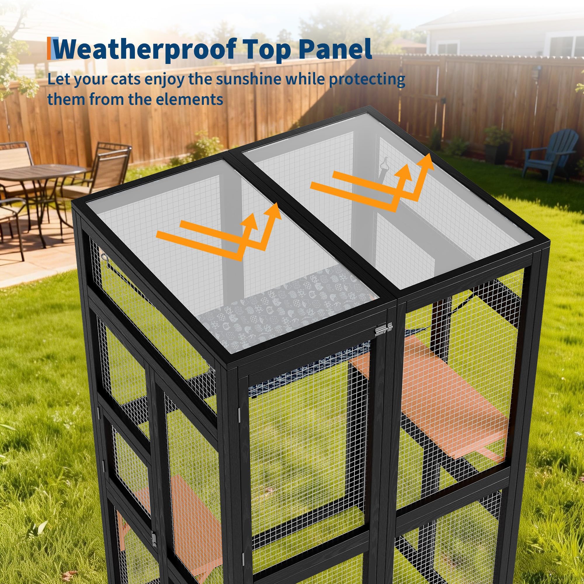 Garvee Enclos à Chat Extérieur en Bois – Toit imperméable, 2 Plateformes, Hamac, Accès Fenêtre – Multi-Chats, Jardin, Balcon, Noir, 100×84×162 cm