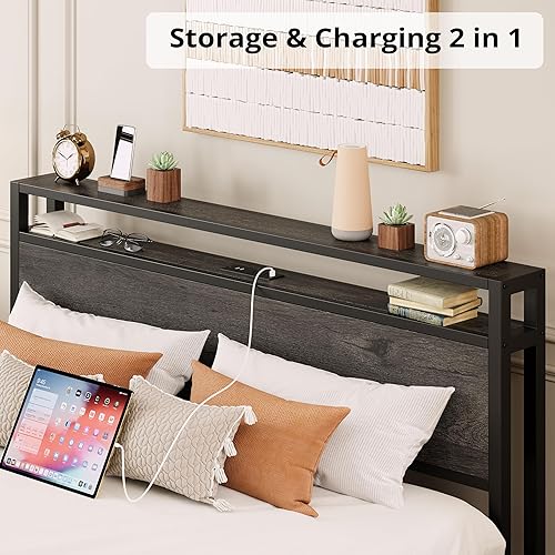 Miniatura 49 de LIKIMIO Base de cama Queen con cabecera de almacenamiento, cama de plataforma con cajones y estación de carga, no necesita somier, fácil montaje,