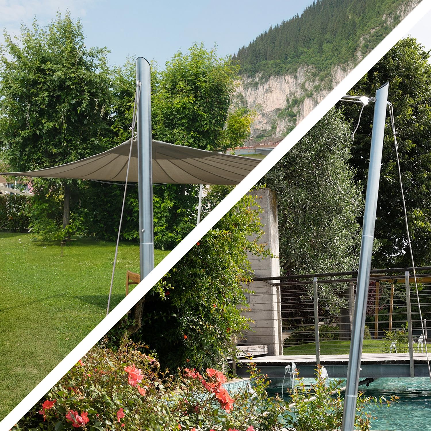EZ Mast - Poste para vela de sombra 260 cm, 5 puntos de anclajes/ojales de acero galvanizado, sistema multivela, Ø70 mm - Incluye accesorios, zinc - Inclinación 80°