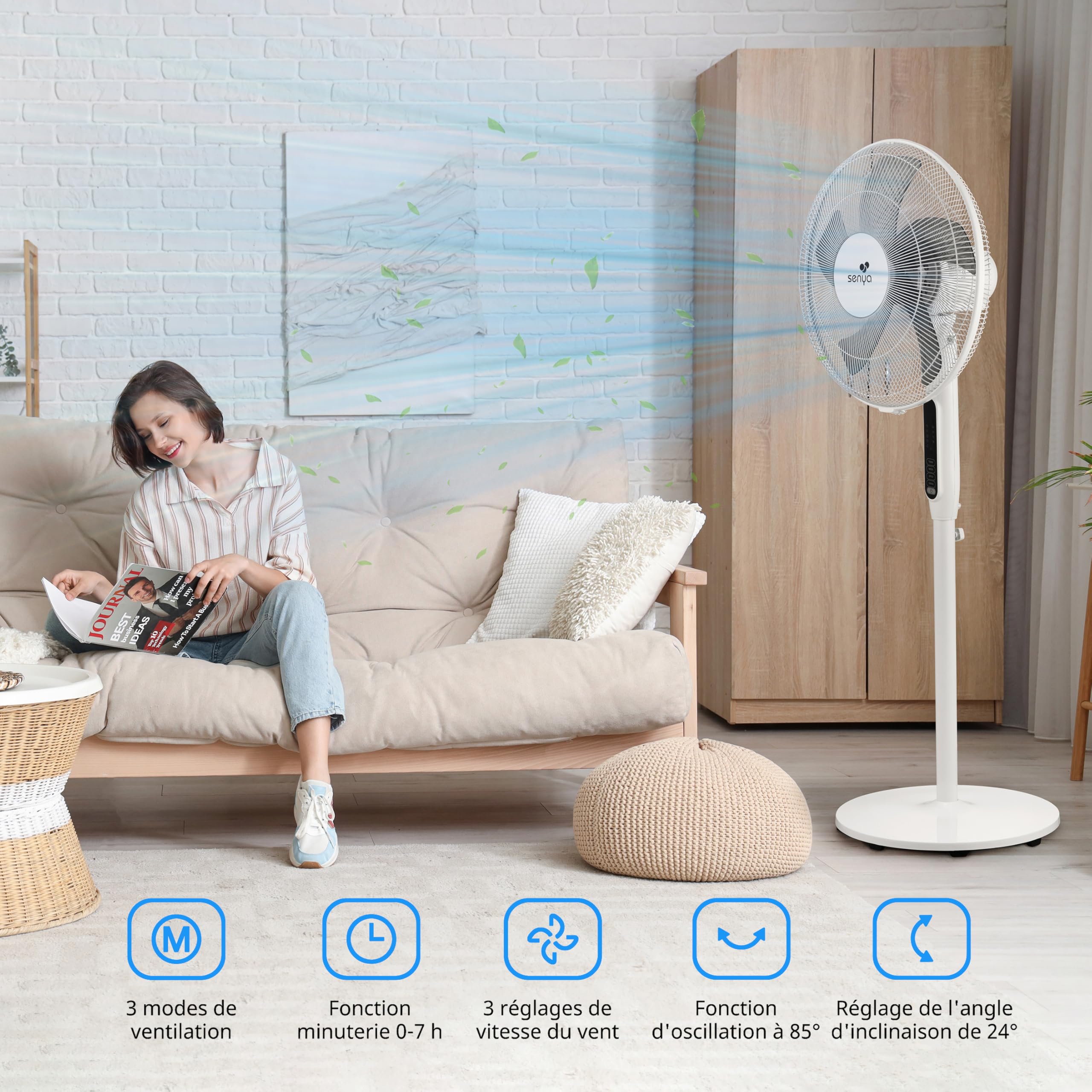 SENYA Silence & Cool – Ventilateur sur pied silencieux 120cm avec pales, 3 vitesses, 3 modes (nuit, naturel, normal), oscillation, tête orientable, télécommande et minuterie 7h