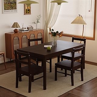 5-Piece Solid Wood Indoor Modern Rectangular Dining Table Set for 4,Table and 4 Solid Wood Dining Chairs for Kitchen,Bar,Living Room,Breakfast Nook, Chocolate